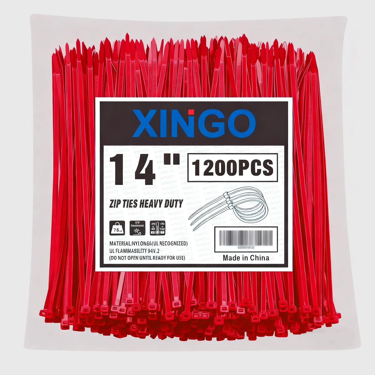 XINGO 14 Inch Red Zip Ties 1200 PCS, 75 LBS Ultra Strong Tensile Strength, UV Resistant Cable Ties, Self-locking Plastic Ties for Indoor and Outdoor Use