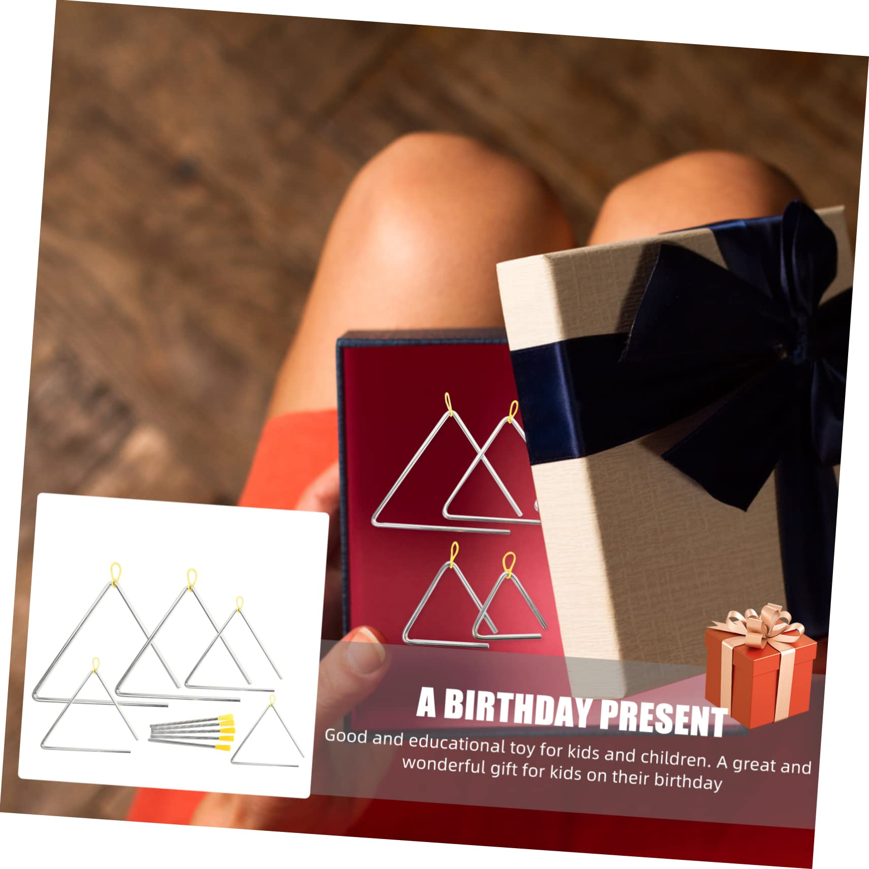 Instrumento de Percusión Triangular de Hierro 5 Juegos para Niños | Juegos de 4, 5, 6, 7 y 8 Pulgadas, Color Plata y Amarillo, Diseño Delicado, Ligero y Resistente al Desgaste