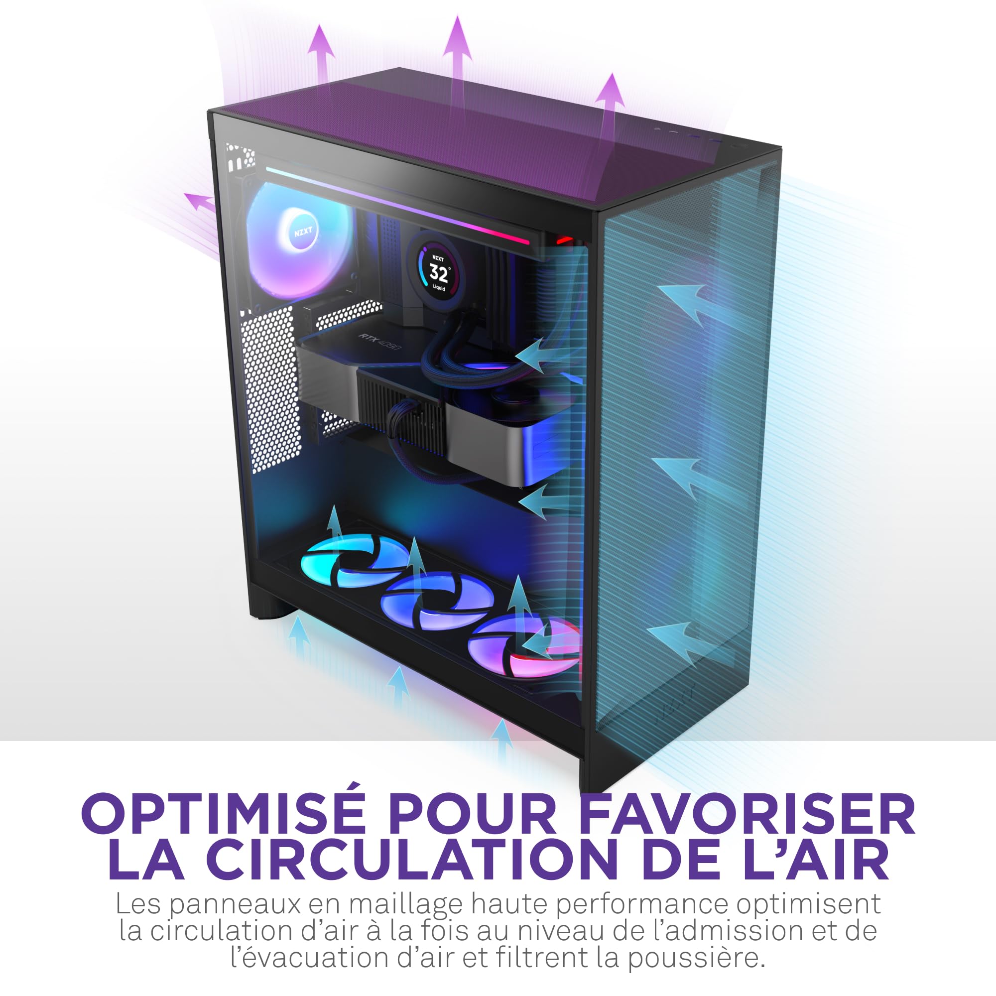 NZXT H7 Flow - Boîtier PC ATX Moyen Format - Refroidissement Optimal - 3 Ventilateurs 120 mm - Radiateur 420 mm - Gestion des câbles - Noir