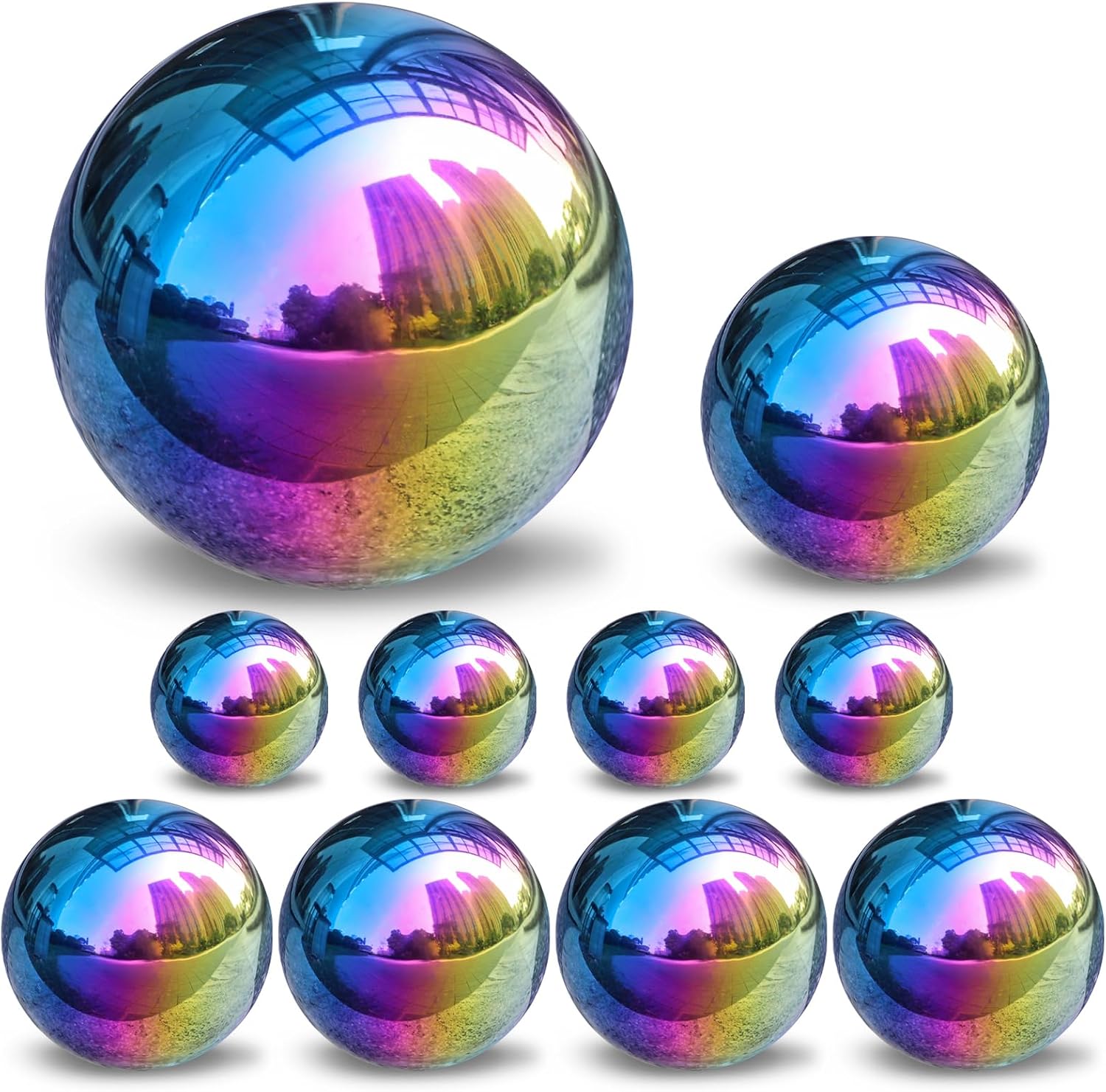 yarlung 10 Pack Stainless Steel Rainbow Gazing Balls, 50-150 mm Garden Mirror Globe Floating Sphere, Polished Hollow Ball Reflective Ornament for Home Yard Outdoor Lawn Decoration