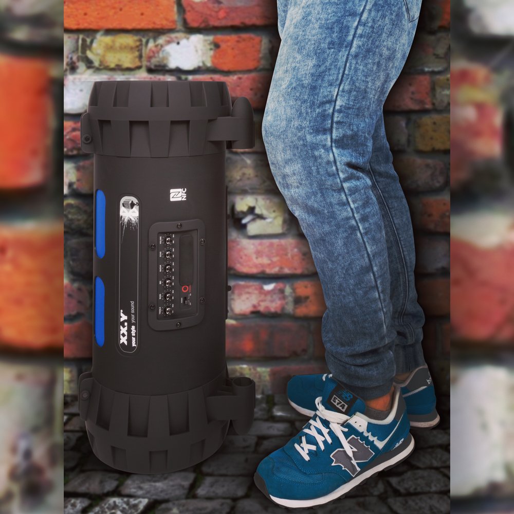 XX.Y P-127J tragbarer Bluetooth Lautsprecher Boom Box (NFC) mit eingebautem Akku/Audio-Eingang für Mikrofon/Musikinstrument/MP3 Player schwarz