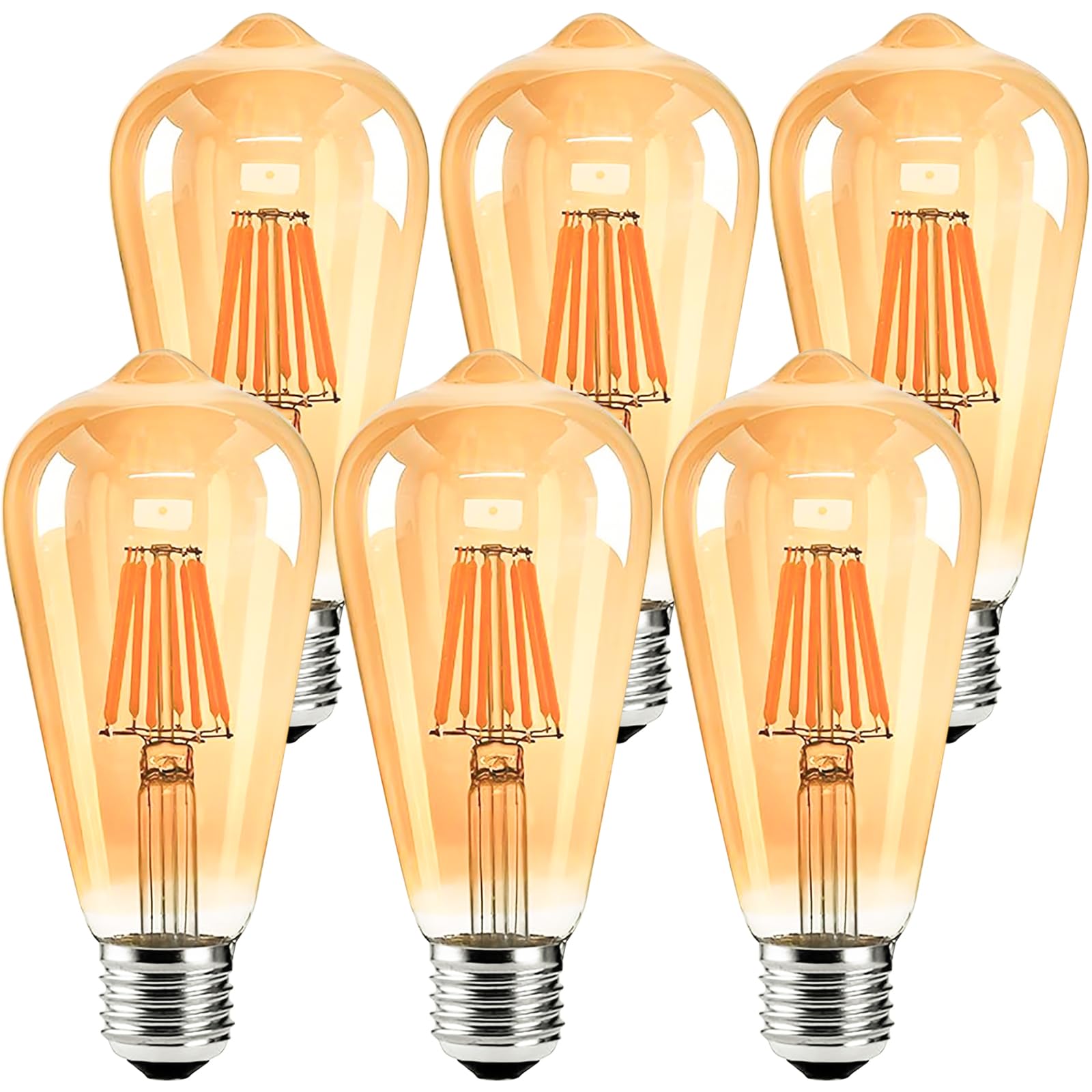 E27 Edison Screw Bulb, ST64 Vintage Filament Light Bulb, 4W 430LM (Equivalent to 40W), 2200K Warm White, Retro Amber Glass, Non-dimmable, Pack of 6