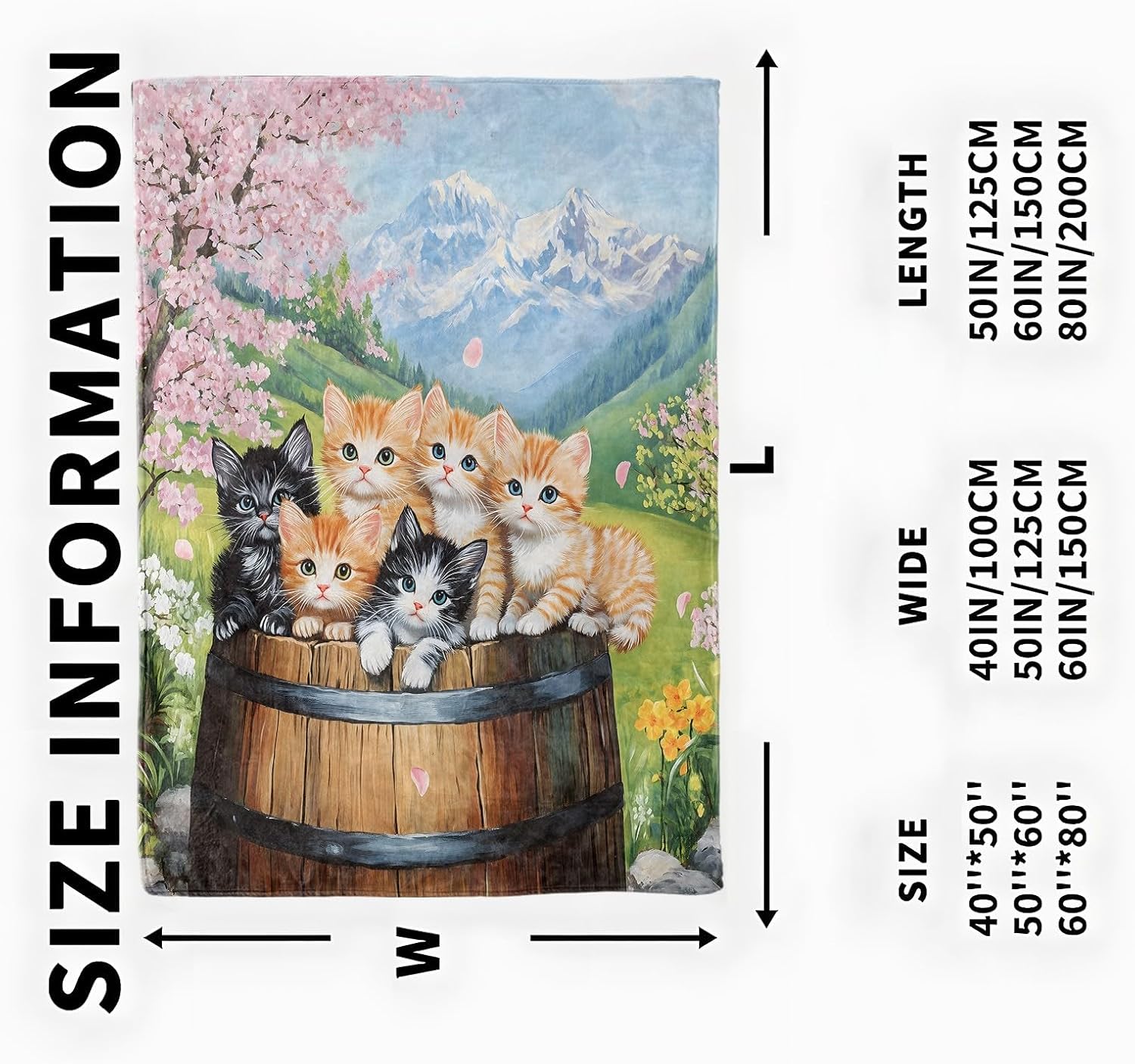 Cute Cat Blanket, Cozy Flannel Kitten and Cherry Blossom Throw Blanket, Soft Fuzzy Blankets for Travel Home Decor, All Season Lightweight Couch Bed Cover, Gifts for Women Adults Kids 50"×60" - Image 3