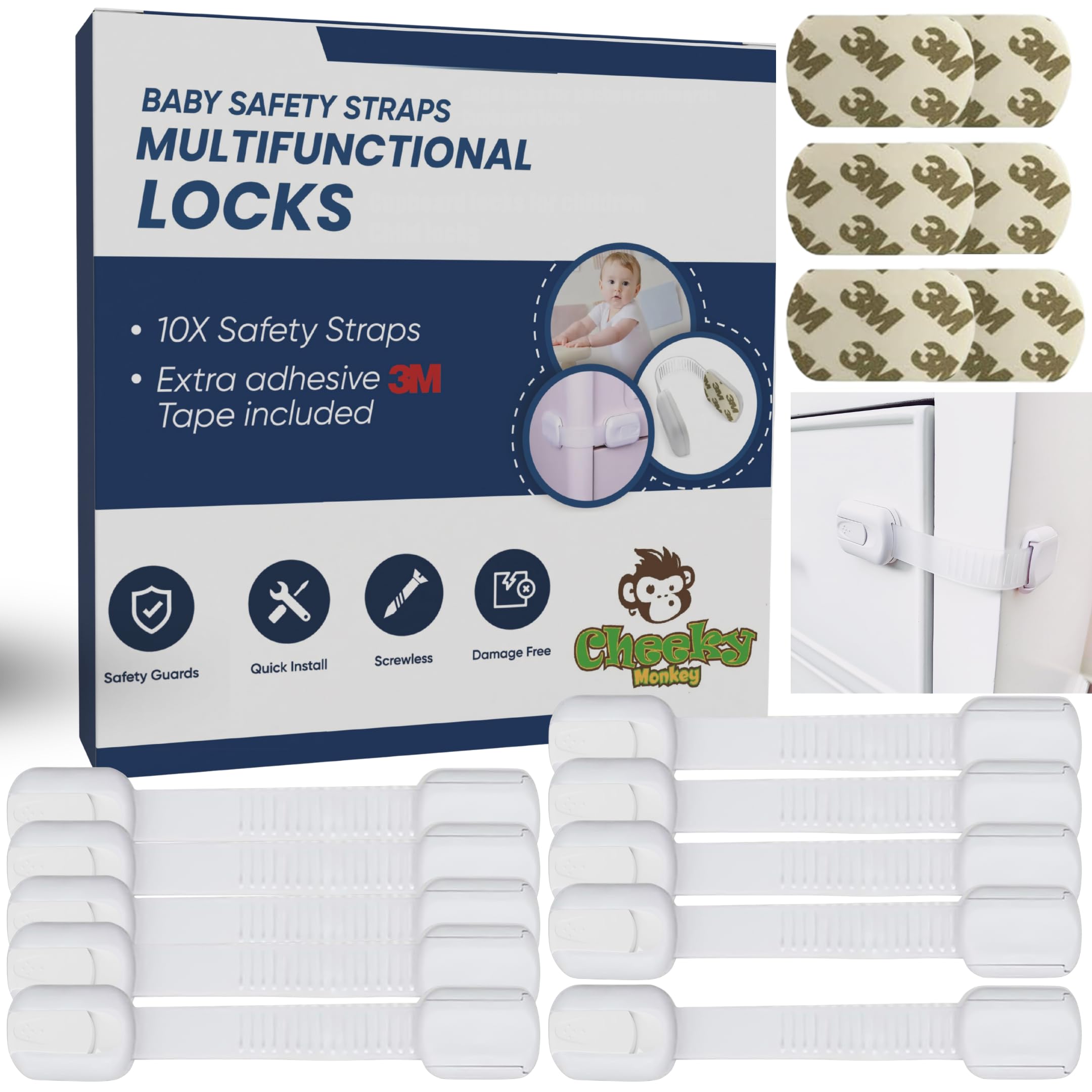 Cheeky Monkey® (10 Pack) Premium Cupboard Locks for Children - Baby Proofing Child Safety Strap Kitchen Cupboards Cabinets with Drawers, Cabinet & Drawer Kids Proof, Adhesive 6 Extra Stickers