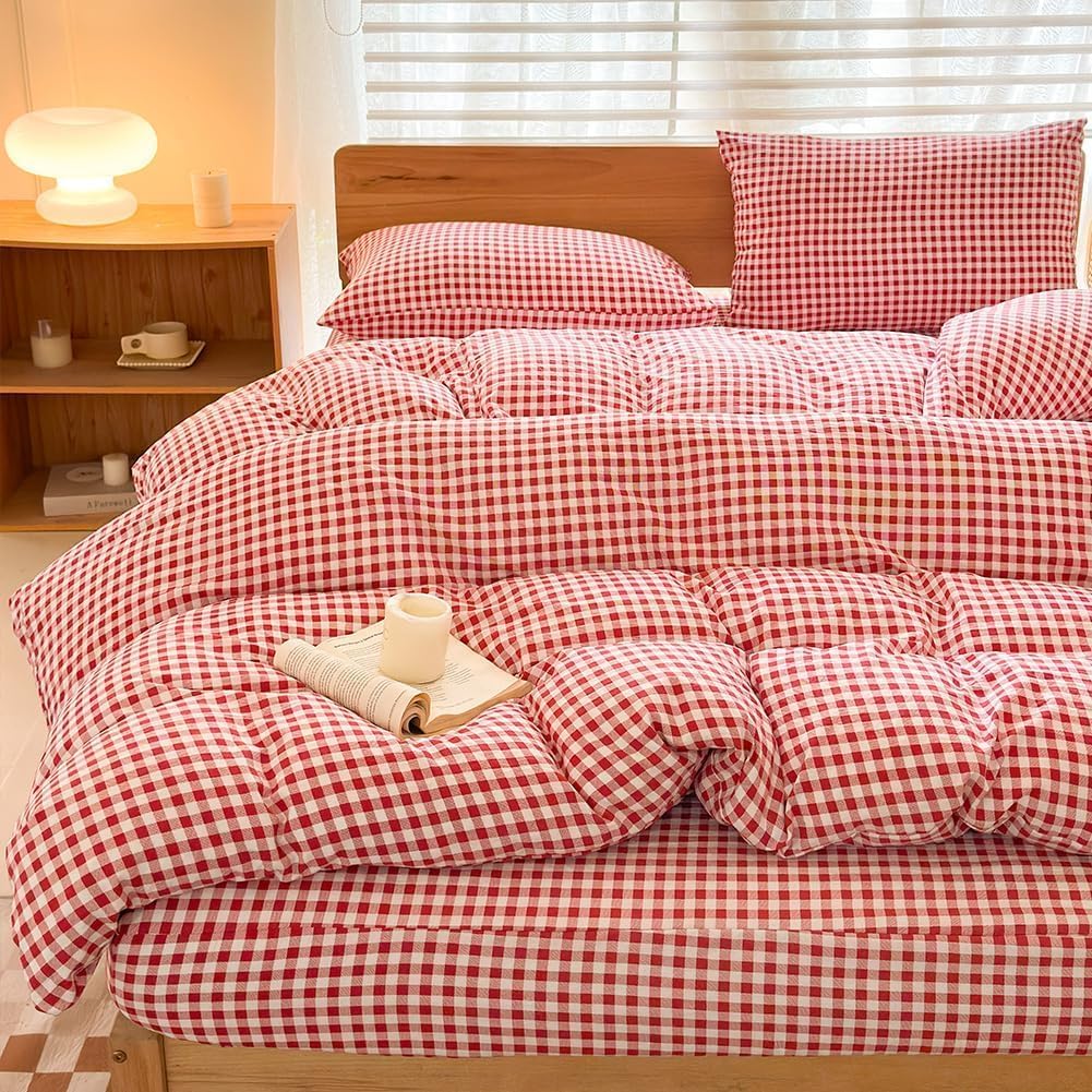 NSNLGSGC King Duvet Cover Set, Plaid Duvet Cover King Bed and 2 Pillowcases Bedding Set Easy Care 220 x 230 cm Red Gingham