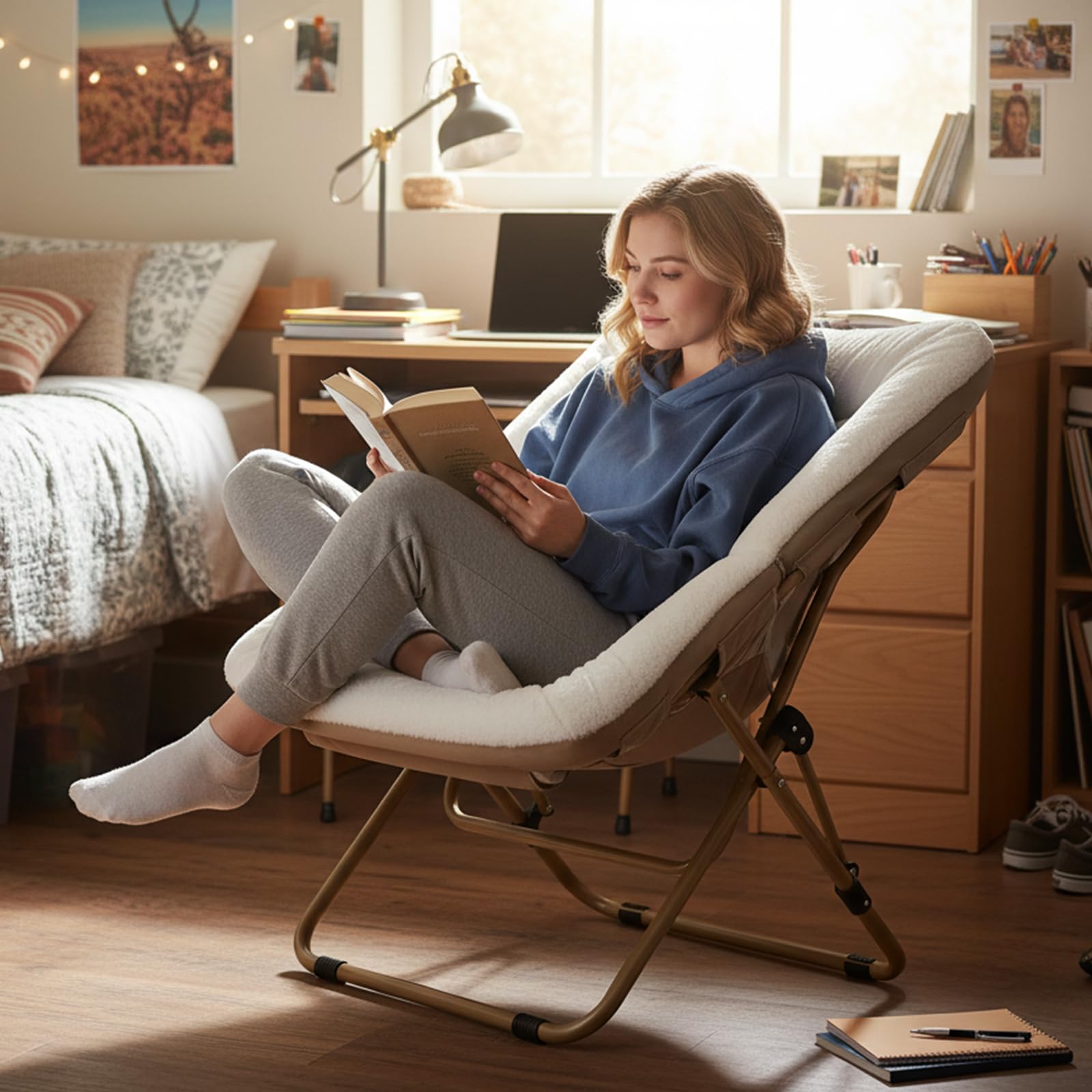 Tiita Chaise Soucoupe XXL En Fausse Fourrure Douce – Chaise Lune Confortable Bleu Pour Adultes, Ados, Enfants – Cadre Métal Solide