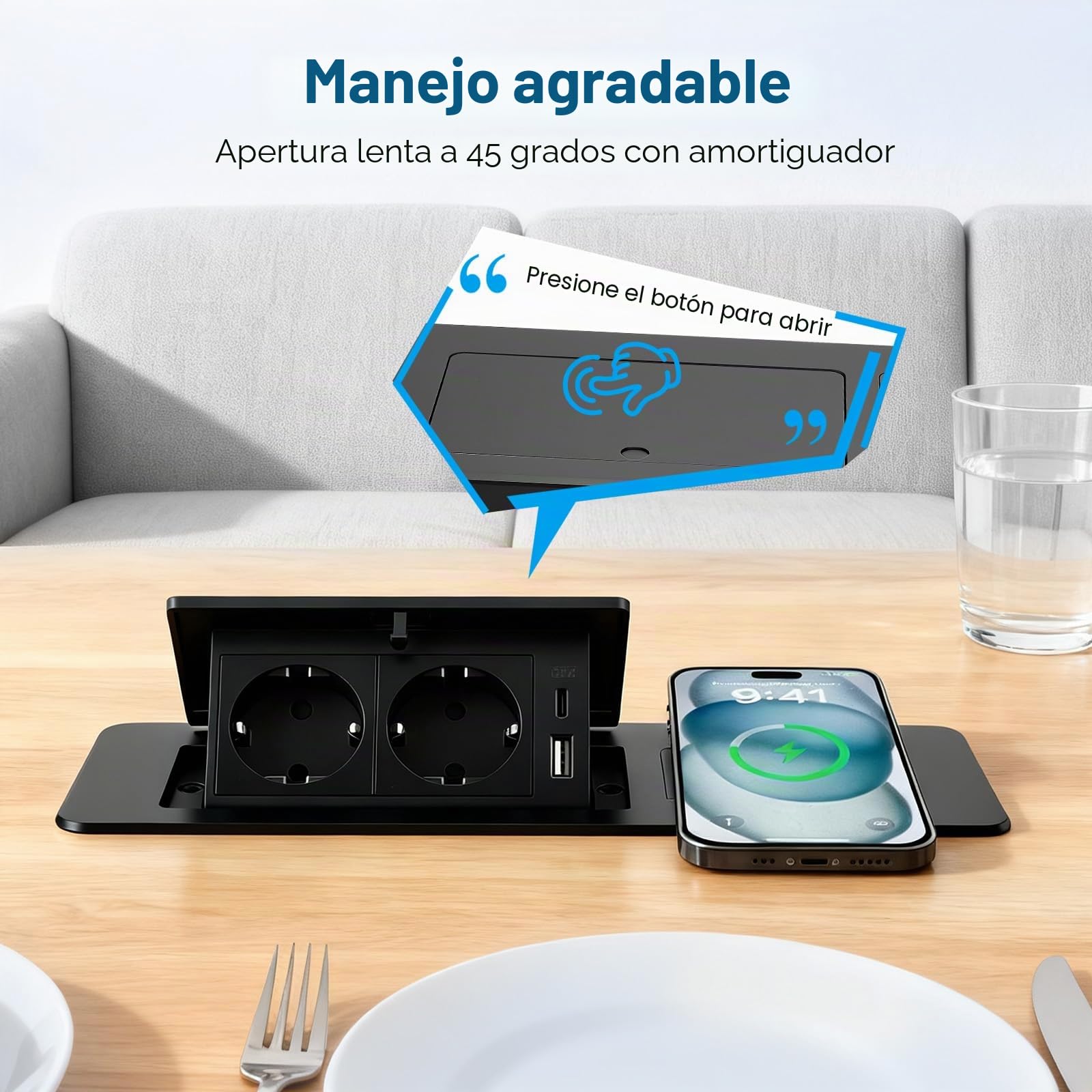 Enchufe retráctil con USB, regleta con cargador inalámbrico, apertura suave, aluminio moldeado, cable de conexión de 1,8 m, enchufe empotrable para cocina, escritorio, mesa de conferencias (negro)