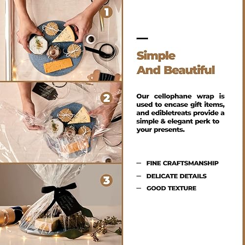 Miniatura 3 de WICKELN Rollo de celofán transparente de 31.5 pulgadas x 110 pies con 15 lazos de tirador, 3 cintas gruesas de celofán plegado a papel de regalo