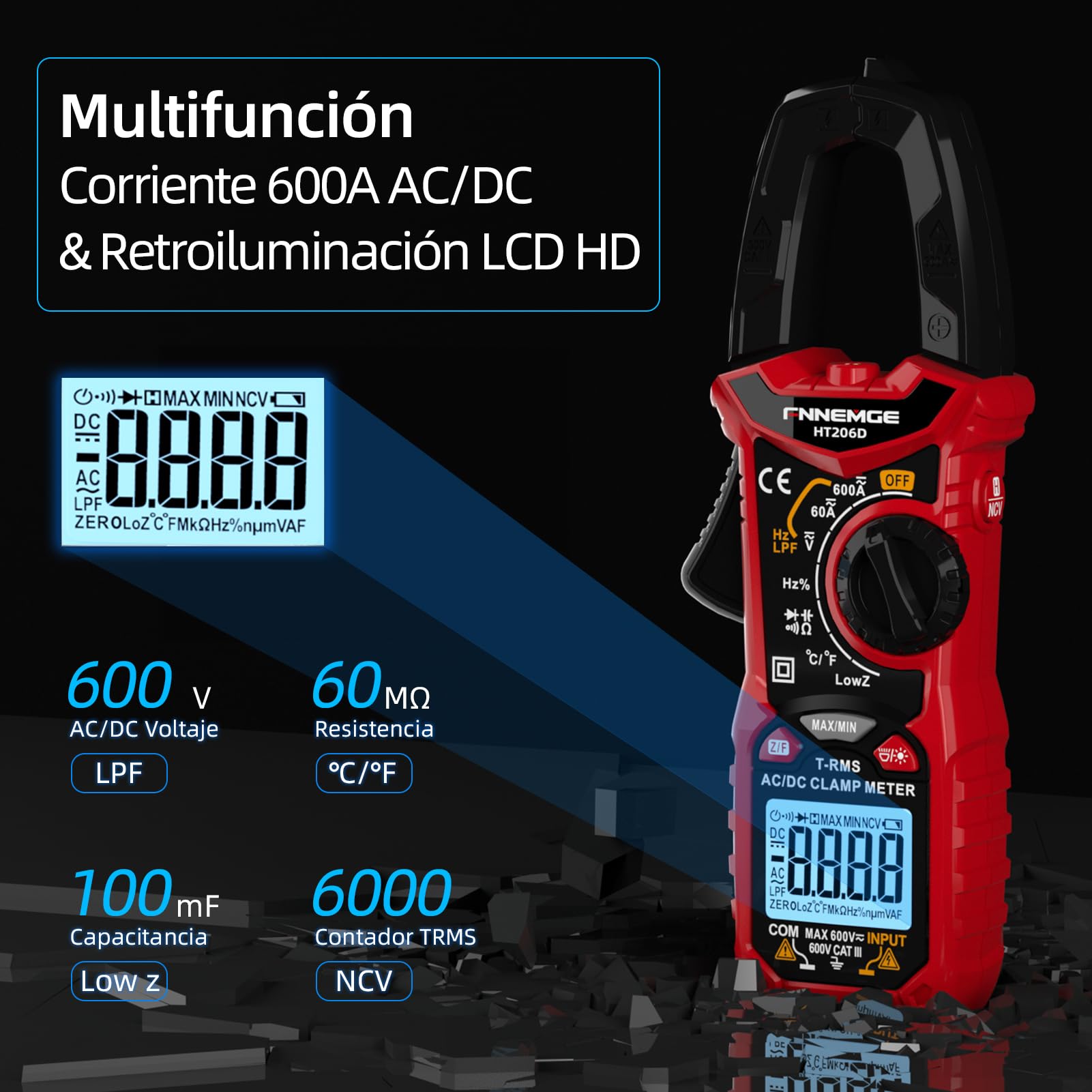 FNNEMGE Pinza Amperimétrica Digital, Medidor de corriente DC/AC de corriente: 0-600 A, Multímetro de Alicate True RMS 6000 Cuentas de Rango Automático, Mide La Capacidad de Voltaje de Continuidad.