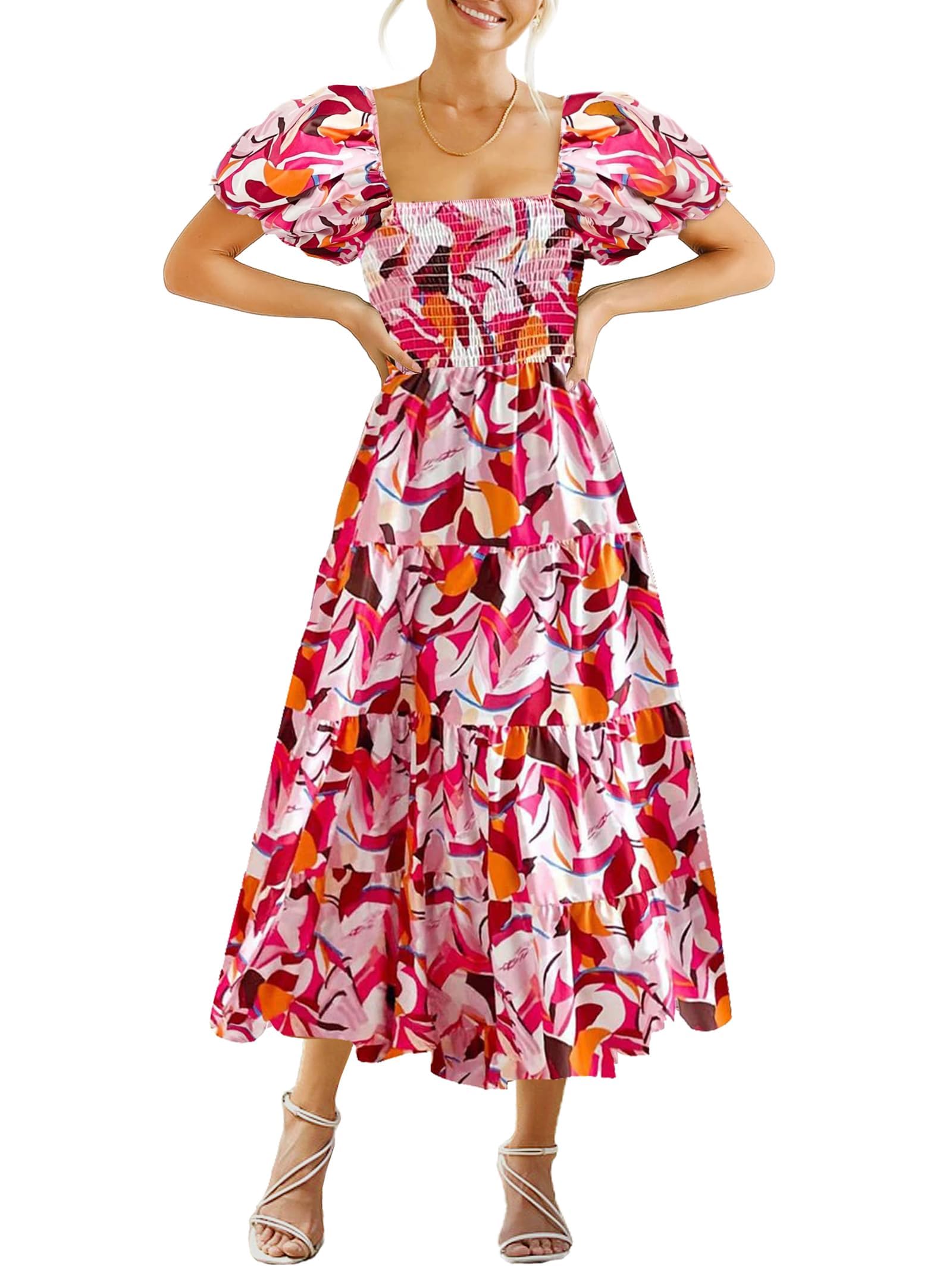 GOLDSTITCH Women's Smocked Maxi Dress Square Neck Ruffle Hem Puffy Short Sleeve Flowy Midi Dress