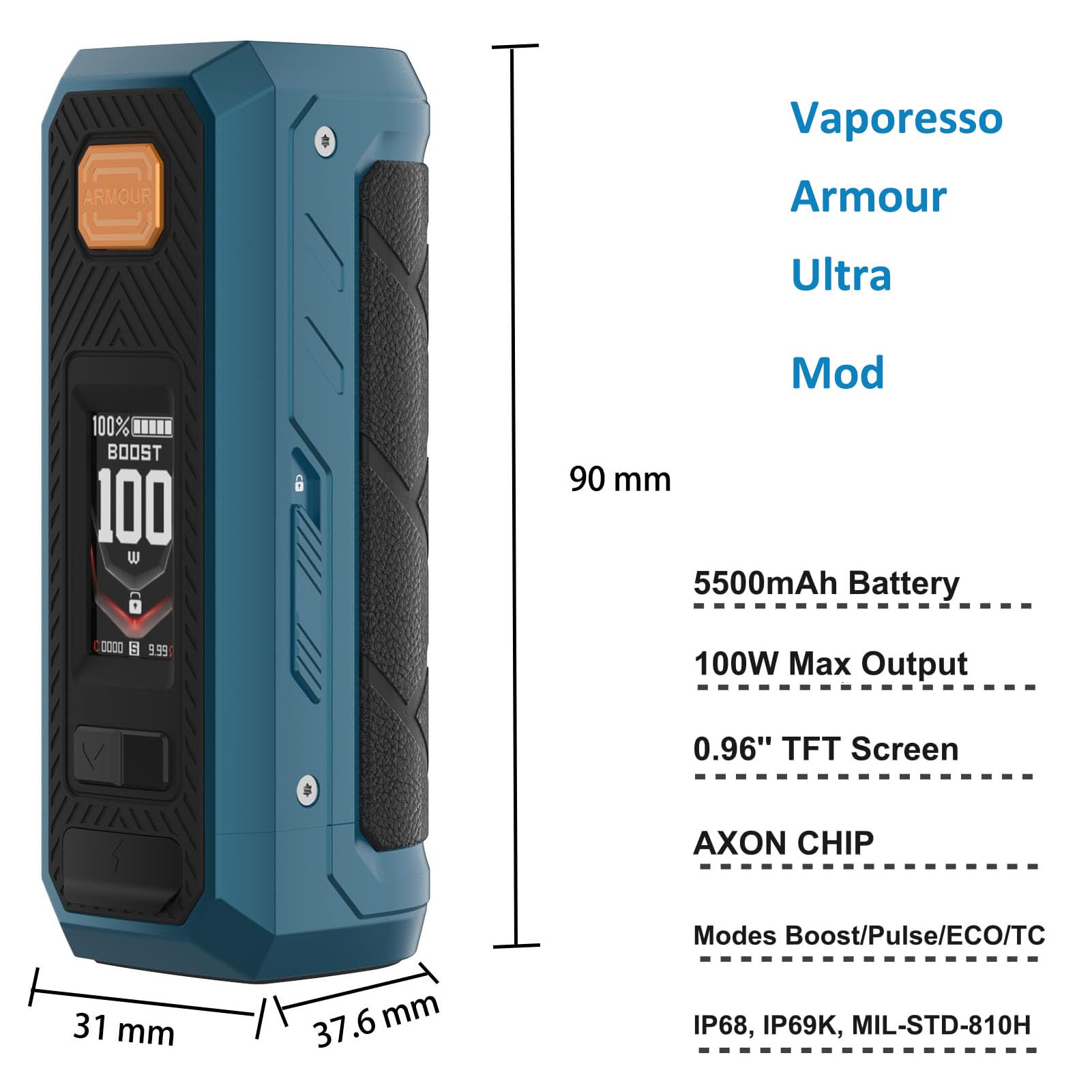 Vaporesso Armour Ultra Mod 100W 5500mAh built in Battery Boost/Pulse/ECO/TC Mode 510 Thread Water Proof E Cigarette Box (Negro obsidiana)