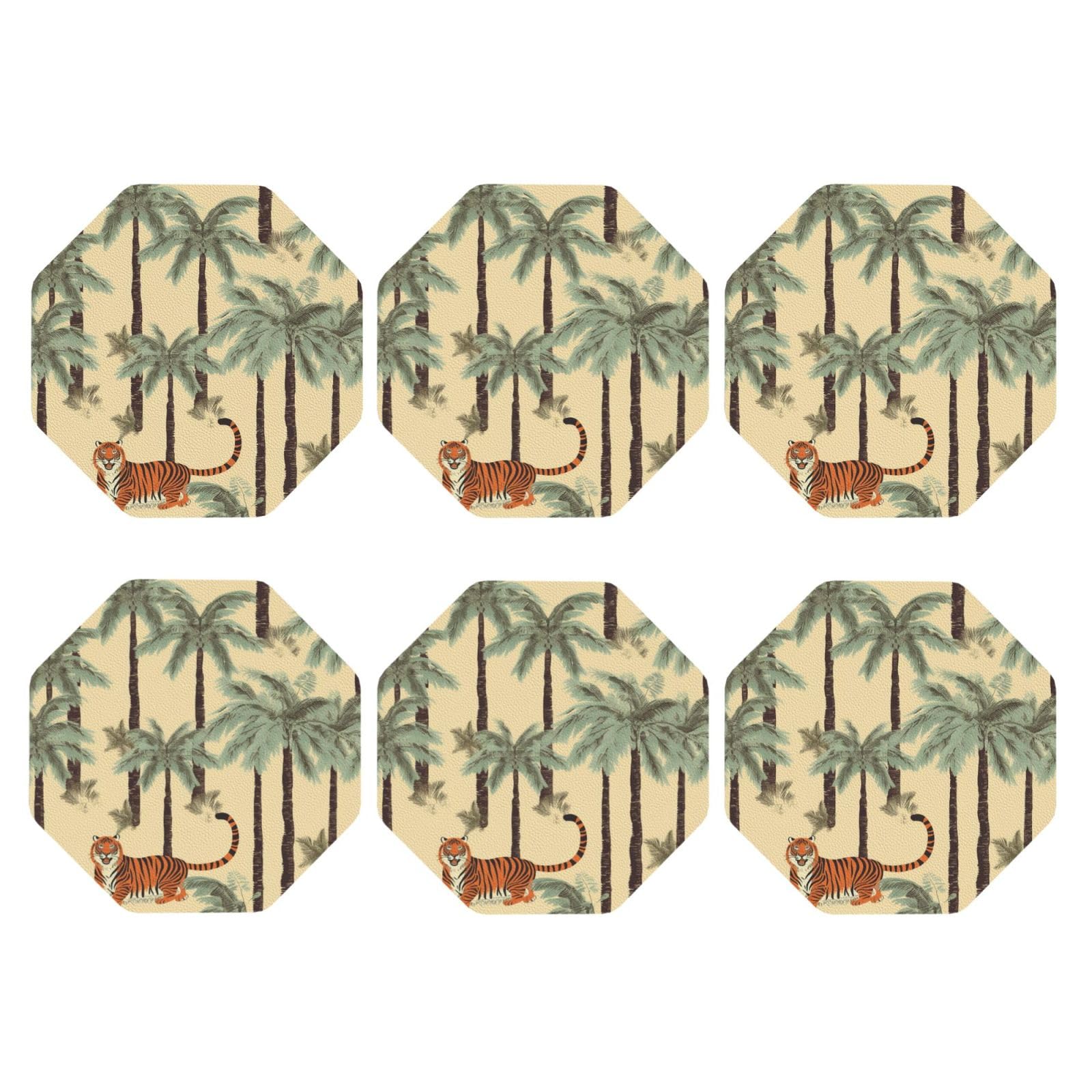 6pcs Leather Coasters for Drinks, Palm Trees and Tigers Drink Coasters for Tabletop Protection, 4" Cup Coasters for Coffee Table Decor, Non-Slip Drinking Cup Mat for Hot Or Cold Drink