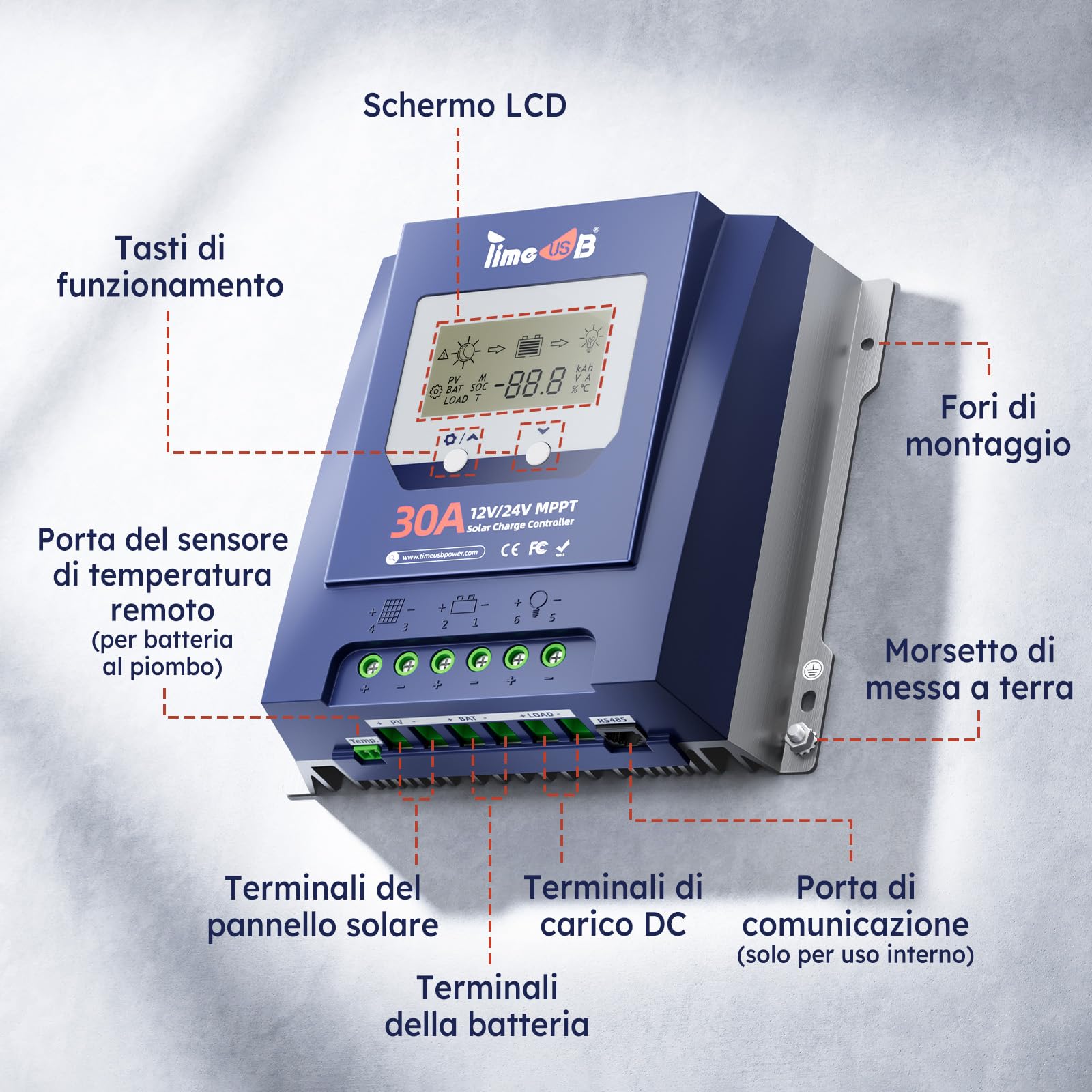 Timeusb 12/24V 30A MPPT Regolatore di Carica Solare,Riconoscimento Automatico,Tasso di Inseguimento Effettivo del 99%, Regolatore di Carica con Schermo LCD per Batterie al Litio e al Piombo-Acido