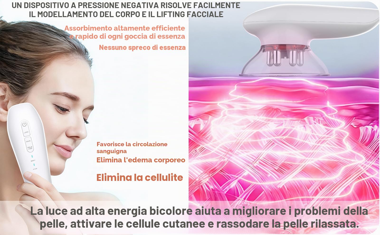 Massaggiatore Anticellulite EMS con Luce Rossa, Dispositivo di Coppettazione Elettrica per Viso e Corpo, Massaggiatore Rassodante Ricaricabile per Addome, Cosce, Braccia e Collo, Sculpiflex