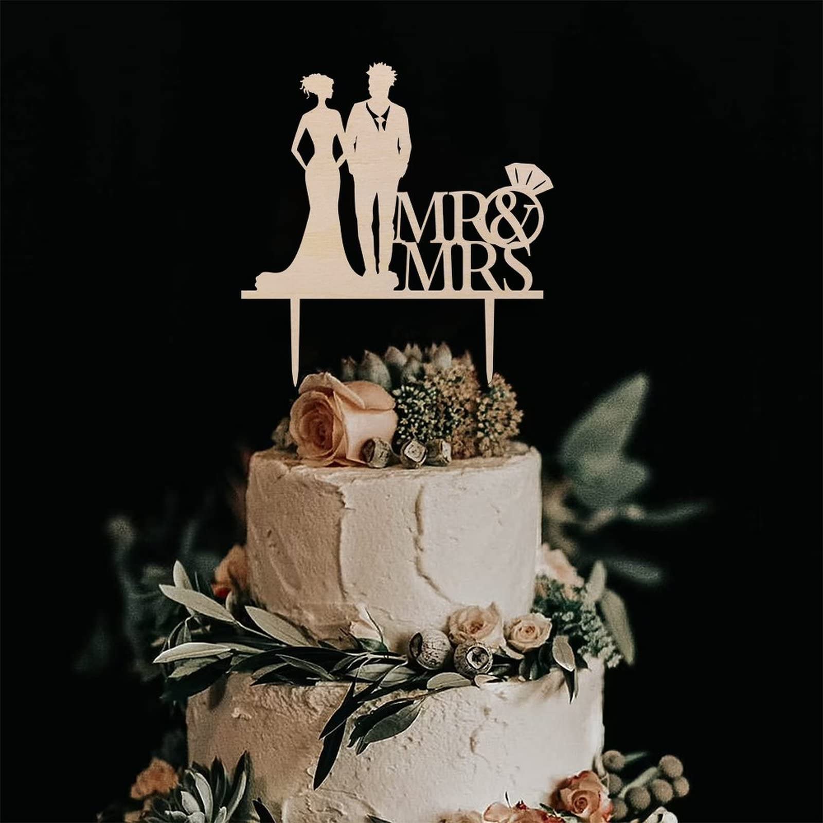 Topper Para Tarta De Madera "Mr & Mrs" - 3 Piezas, 15x22 Cm, Blanco | Decoración Para Bodas, Compromisos Y Aniversarios