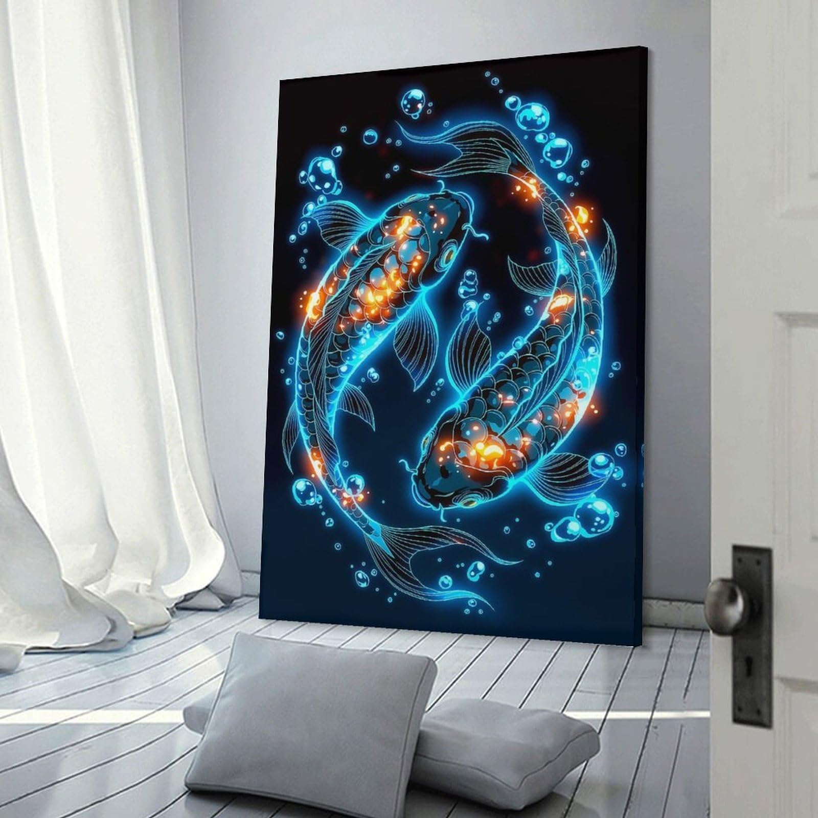 Junmoney Frame-Style-24 Neon Koi Fish Home Decor Wall Art 12X18inch(30X45cm), For Bedroom, Guest Room Or Reading Nook, Decorative Wall Art For Cosy Rooms