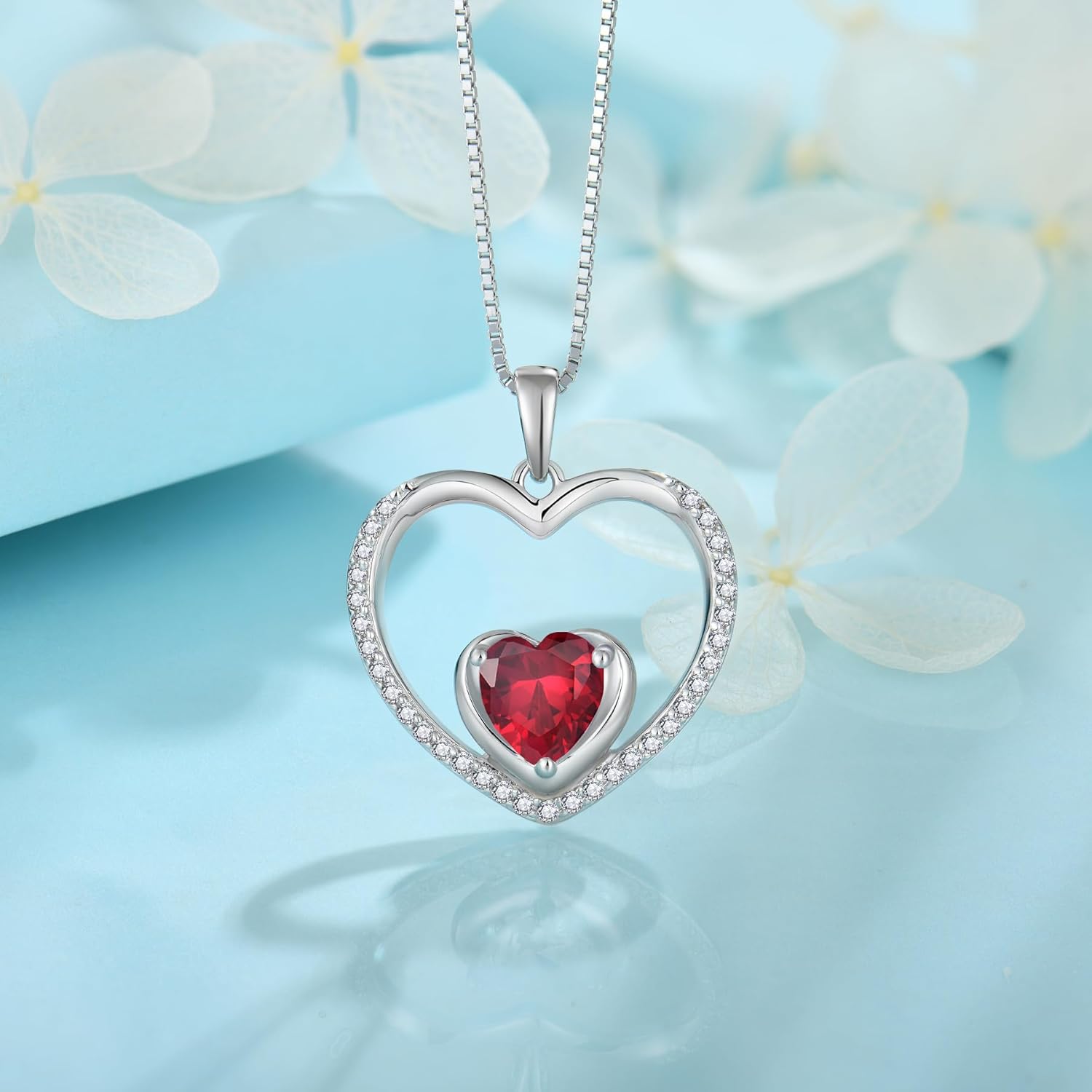 FJ Heart Pendant Necklace 925 Sterling Silver Birthstone Jewelry for Women - Image 3