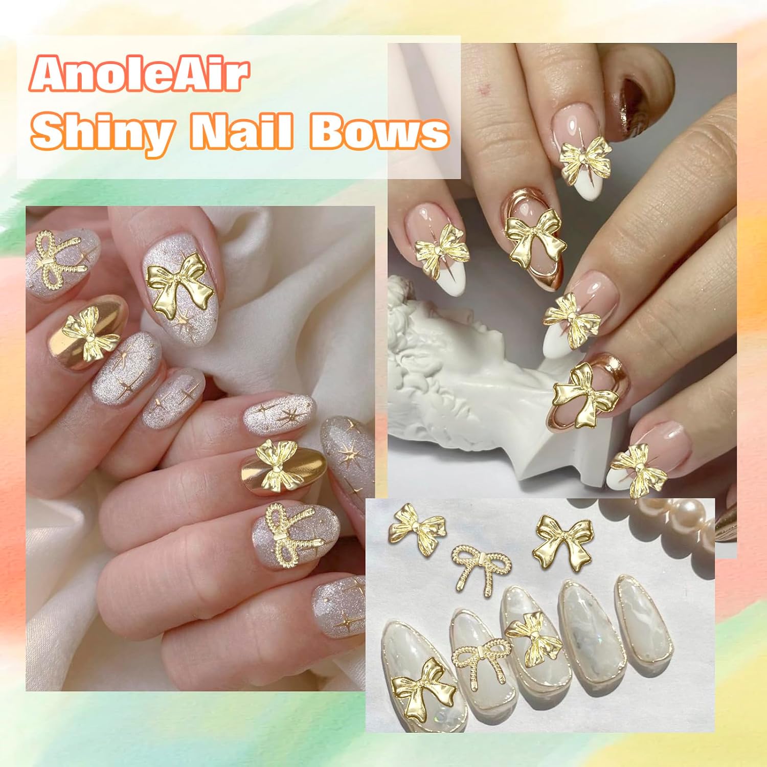 90 Pcs 3D Alloy Gold Bow Nail Charms