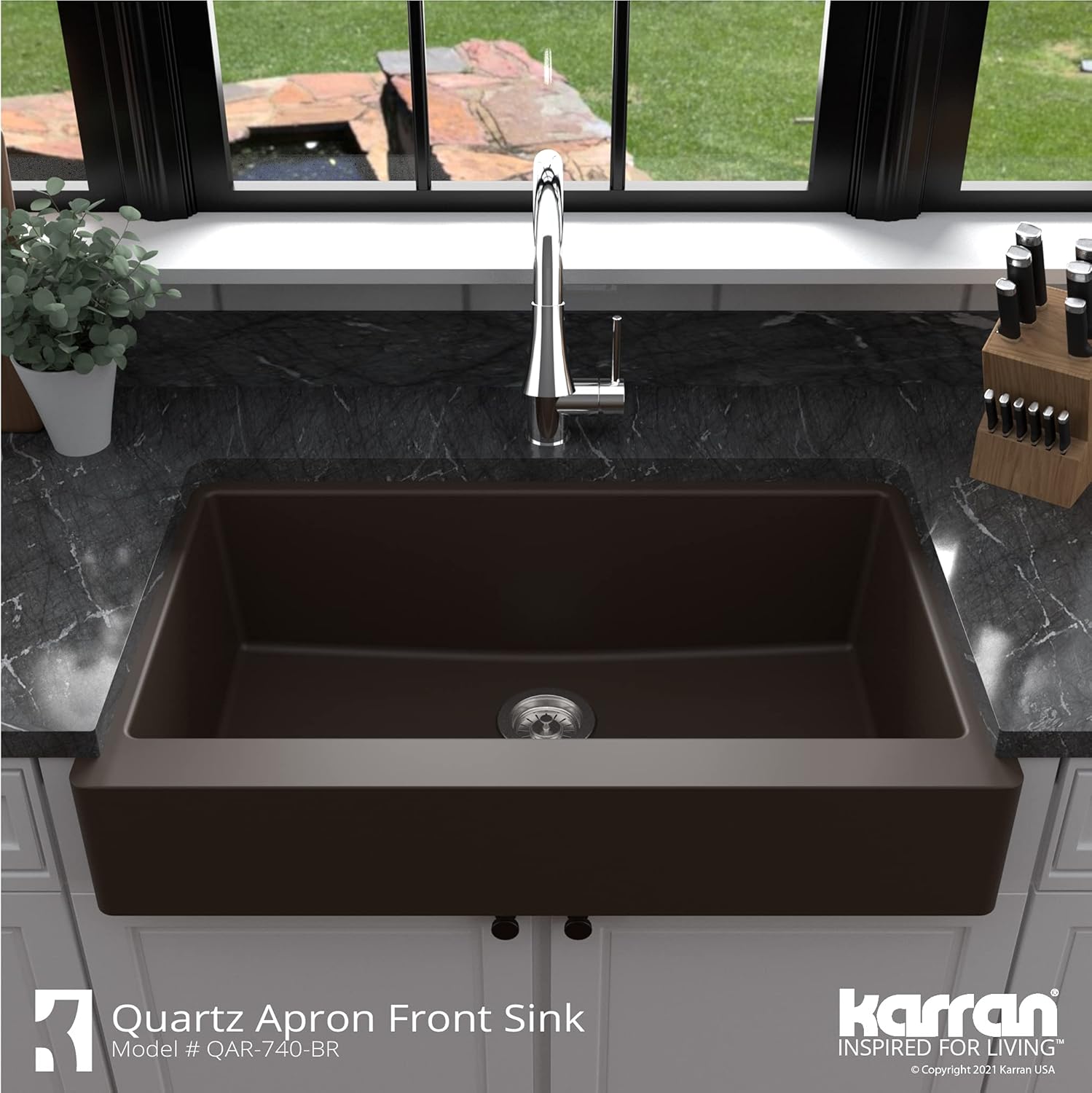Karran QAR-740 Retrofit Farmhouse/Apron-Front Quartz Composite 34 in. Single Bowl Kitchen Sink Kit in Brown