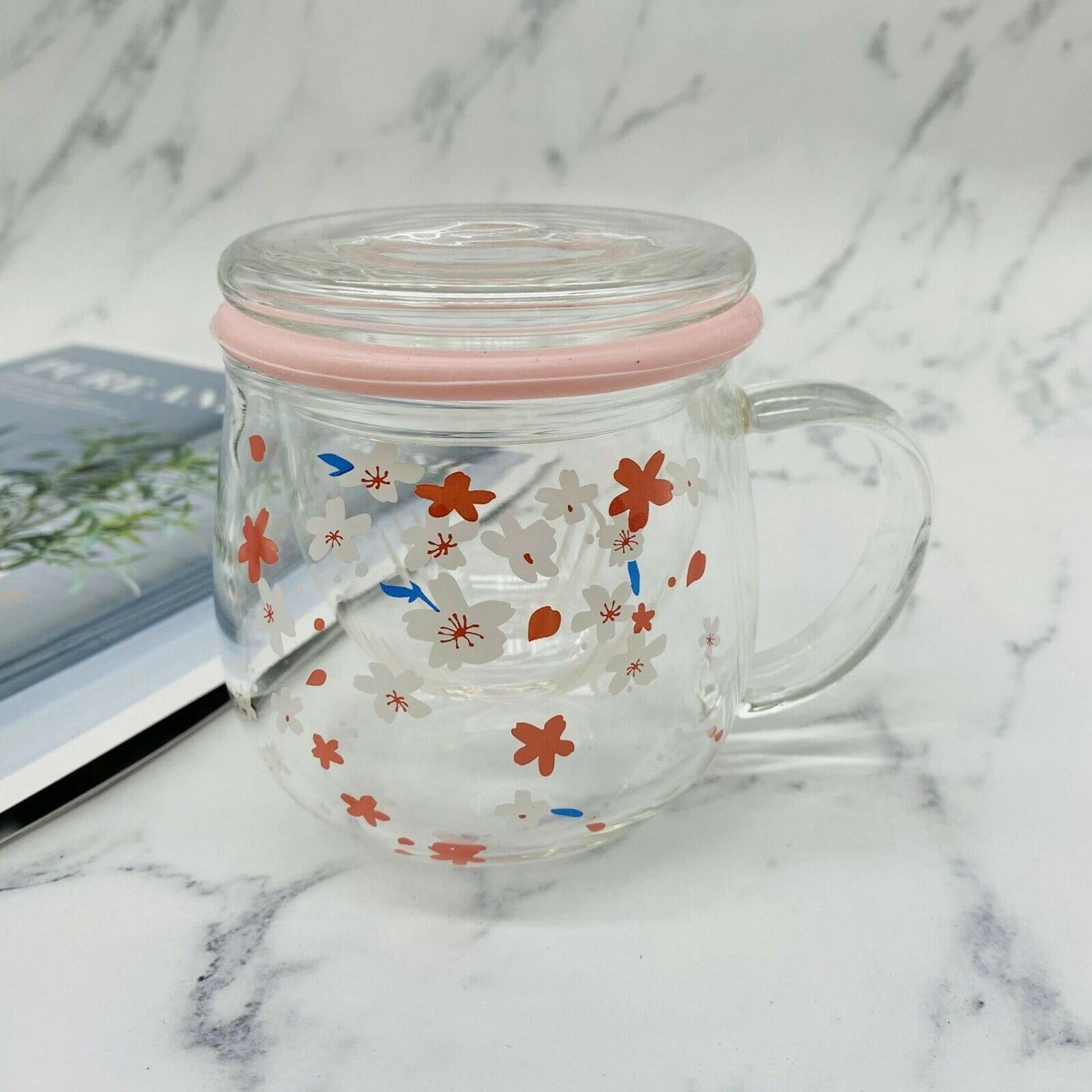 3X Tasse Tasse en Verre avec Infuseur à Thé Filtre et Couvercle Fleurs de Cerisier Tasse Ensemble Fleurs Fleur Tasse à Thé 300Ml Verres à Boire