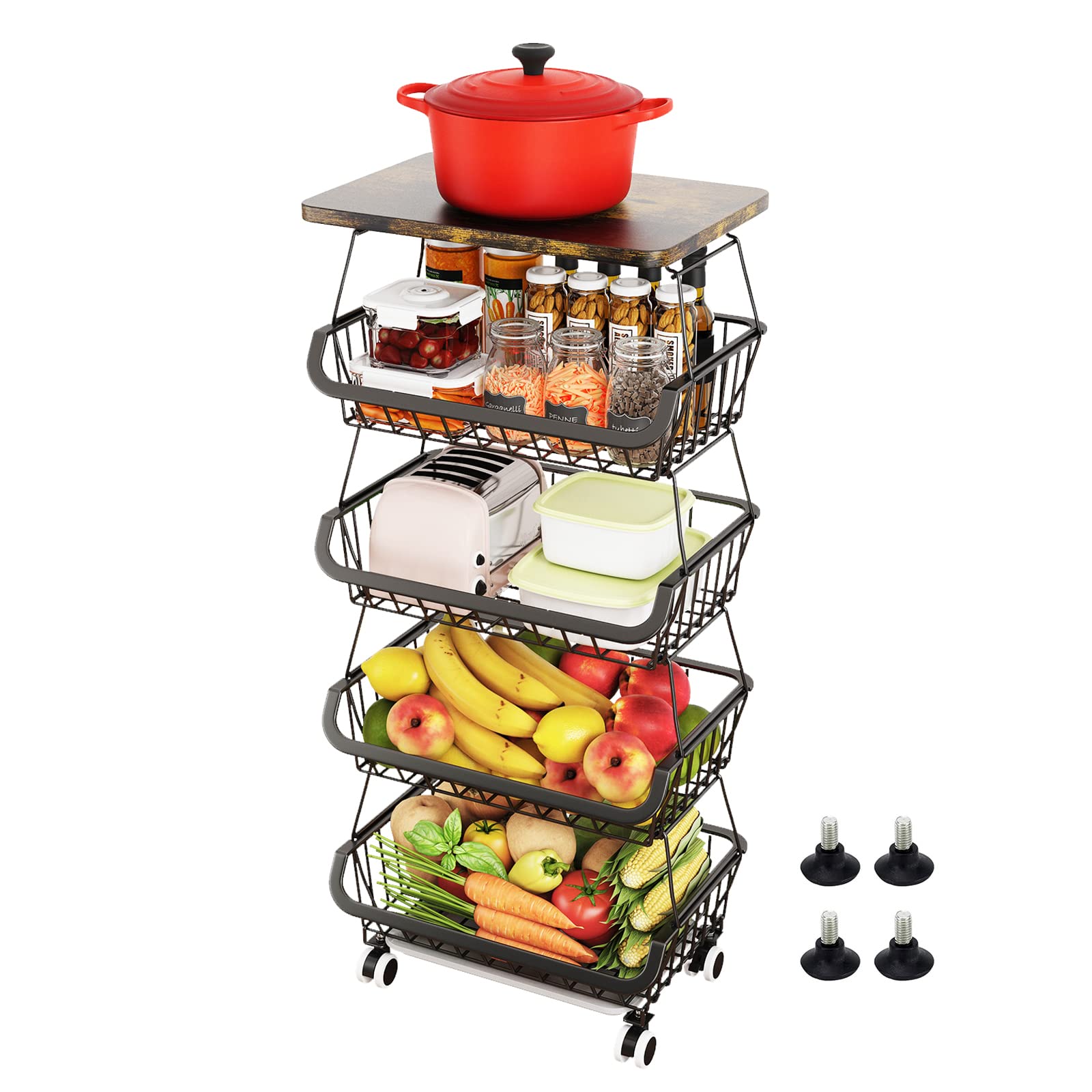 5 Tier Fruit Basket for Kitchen, Stackable Fruit and Vegetable Storage Cart with Wooden Top Rolling Wheels Metal Wire Basket Organizer for Onions Potatoes Storage Utility Rack Bins for Kitchen Pantry