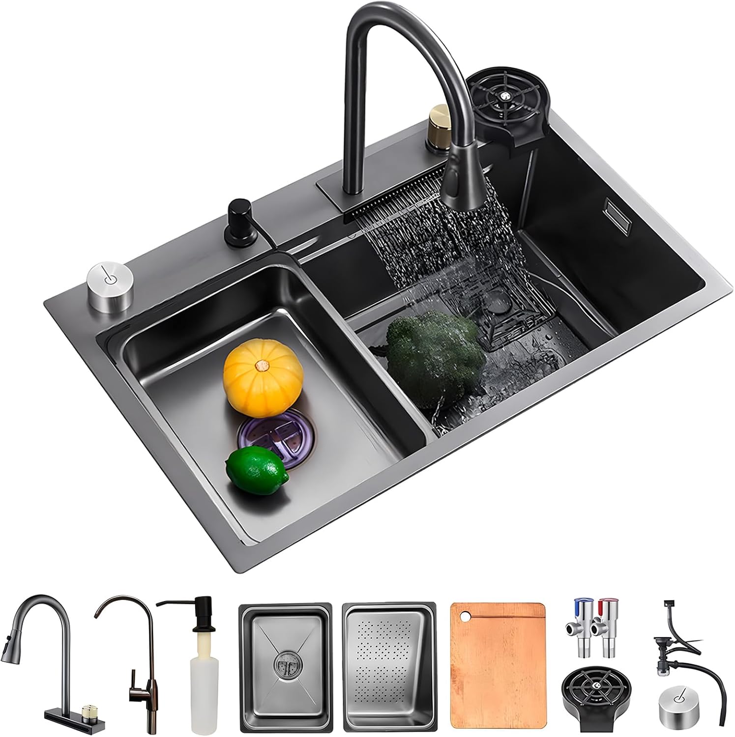 Multifunctional Digital Smart Sink Stainless Steel Waterfall Kitchen Sink，Stainless Steel Kitchen Sink 85x45 cm with Waterfall Faucet Versatile Bar Sink for Home & Office Includes Glass Dish