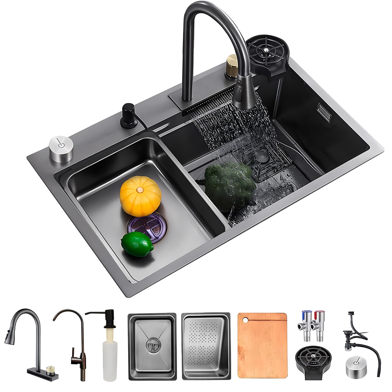 KOOGIMDDR Kitchen Sink for the Workplace 68 x 45 cm with Waterfall Tap, Single Bowl Set Made of Stainless Steel Black/Grey for Home Use, Pressure Washer, Chopping Board, Drip Basket and Accessories