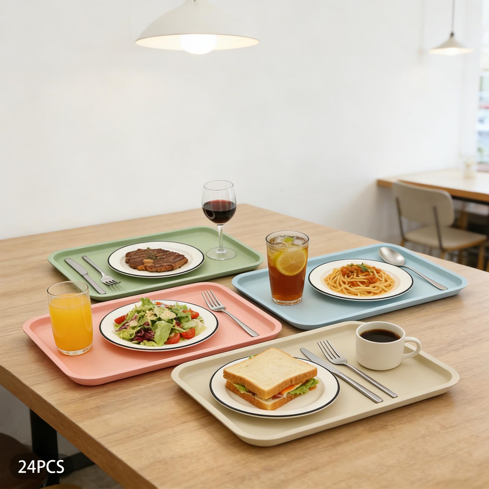 Bandeja para servir 36 x 27 cm, plástico PP, juego de 24 unidades, 4 colores, resistente, antideslizante (rosa, verde, azul y caqui)