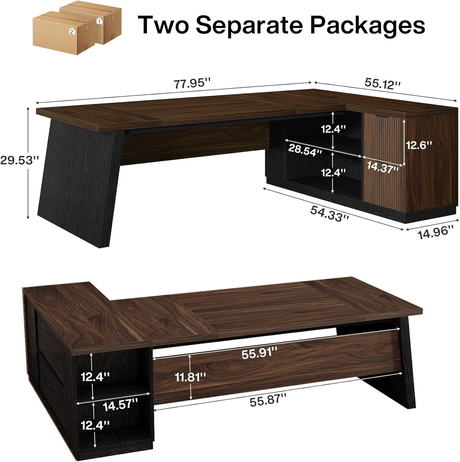 Tribesigns 77.9-inch Executive Desk with 2 Drawers, Large L Shaped Computer Desk with Storage Cabinet and Shelves, Business Furniture Workstation for Home Office (Deep Brown and Black)