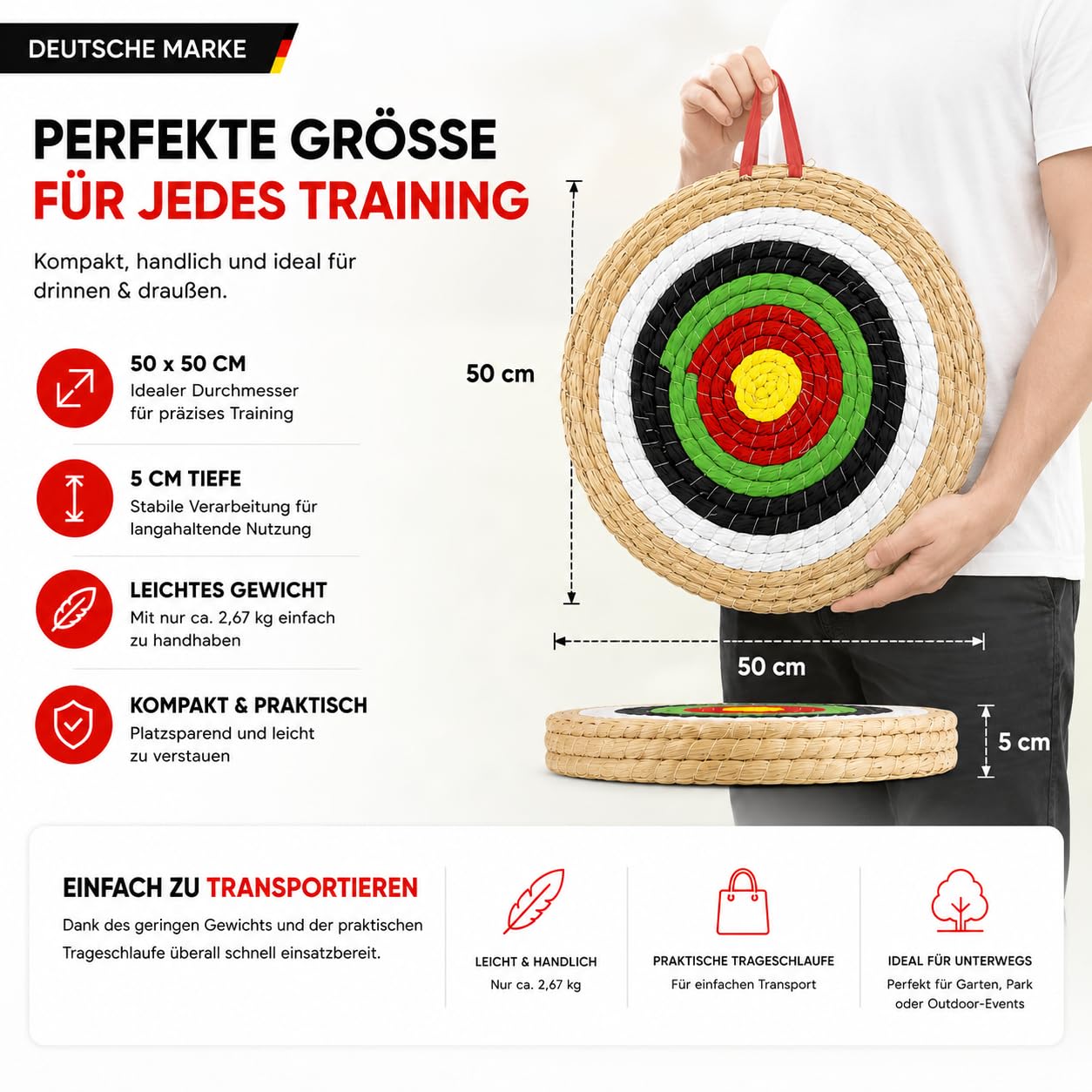 Flitzebogen Zielscheibe Bogenschießen | Strohzielscheibe Natur 50x50x5 cm 3-lagig für Kinder Anfänger Fortgeschrittene für Pfeil und Bogen Armbrust Ziel