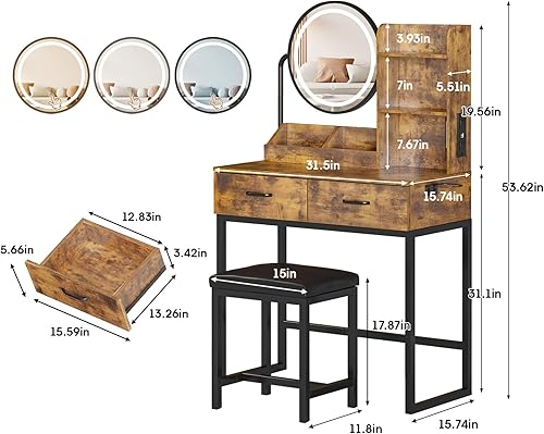 Miniatura 2 de Escritorio de maquillaje con espejo redondo y luces, mesa de maquillaje con 2 cajones, pequeña mesa de tocador para dormitorio con mucho