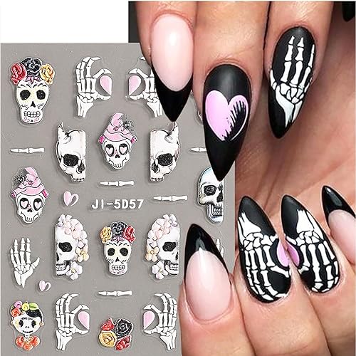 Miniatura 3 de Calcomanías 5D para arte de uñas de Halloween, 6 hojas adhesivas de calaveras deslizantes, expresiones horrorizadas, símbolos, extraterrestres,