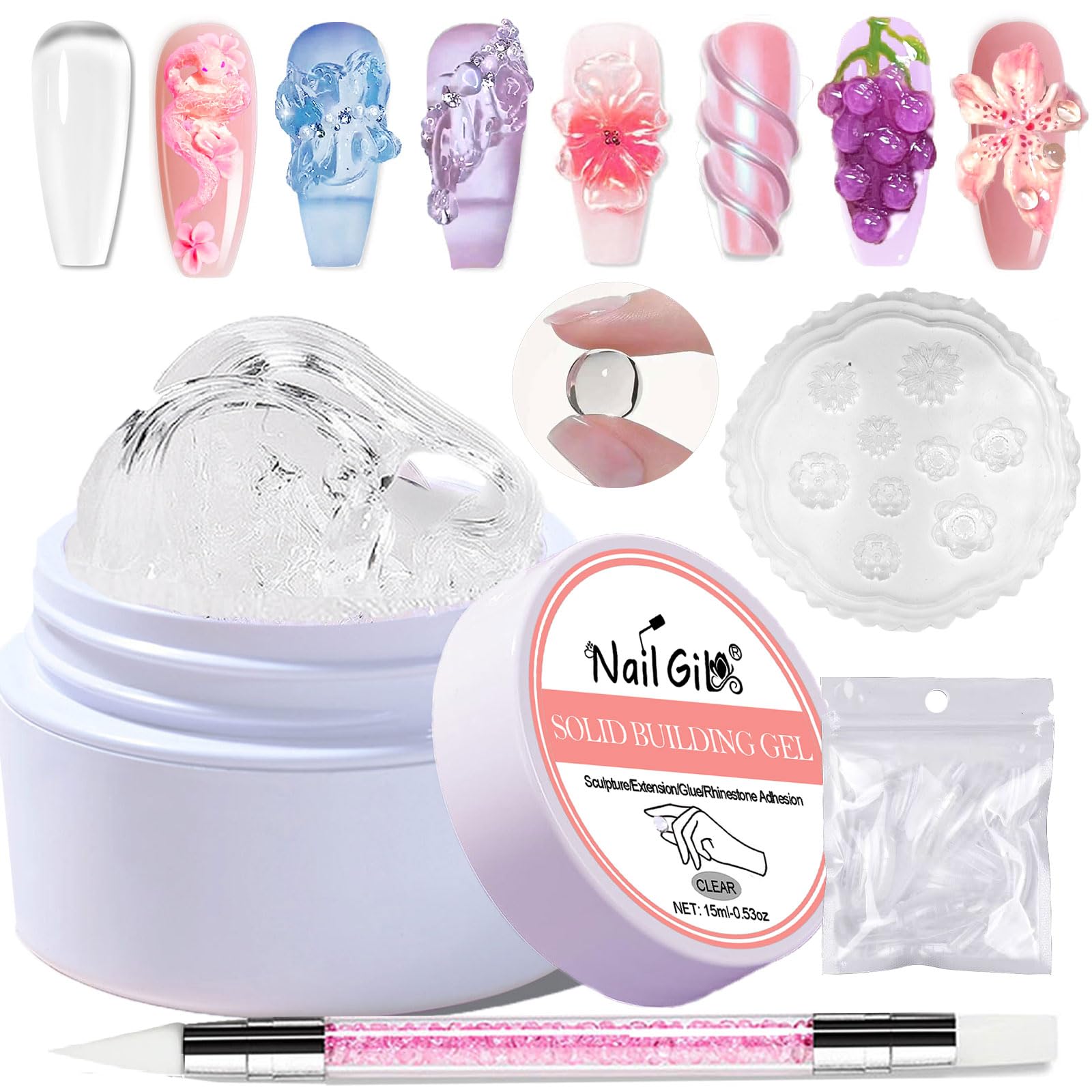 NAILGIL Solid Builder Gel For Nails,3D Nail Art Sculpture Non-Sticky Hand Clear Extension Gel Sock Off UV LED with 3D Silicone Flower Mold Salon DIY at Home-15g/0.53oz