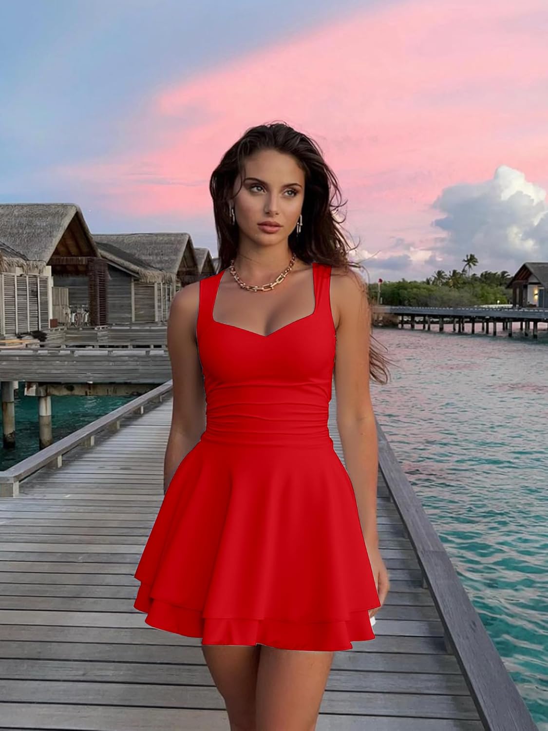 Kaximil Women's Sexy Square Neck Sleeveless Mini Dress Ruched Ruffle Hem Corset Party Dresses - Image 5