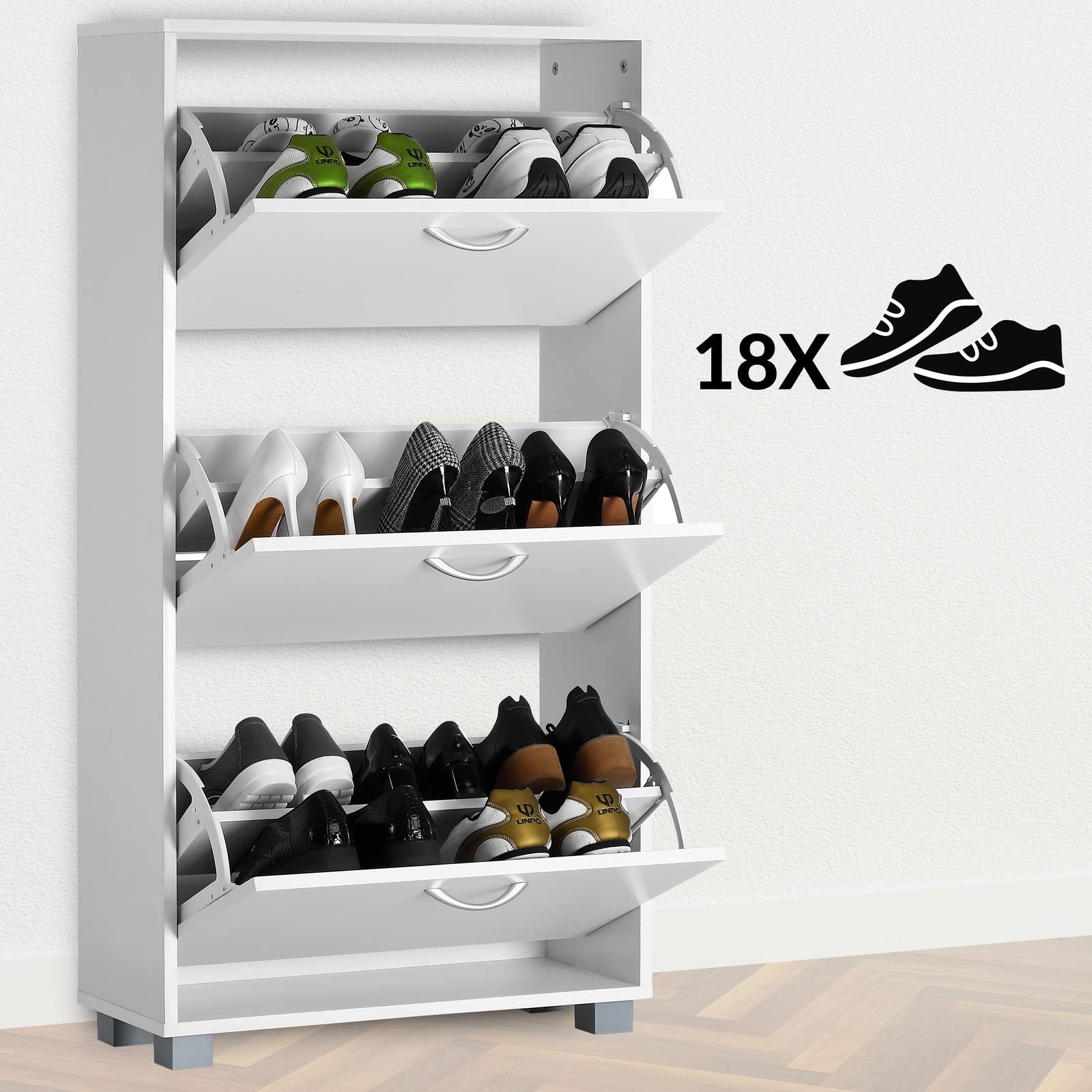 Casaria® Schuhschrank für 18 Paar Schuhe Schmal 115x60x25cm 3 Klappen Hoch Holz Geschlossen Kippsicherung Flur Diele Schuhkipper Schuhkommode Weiß
