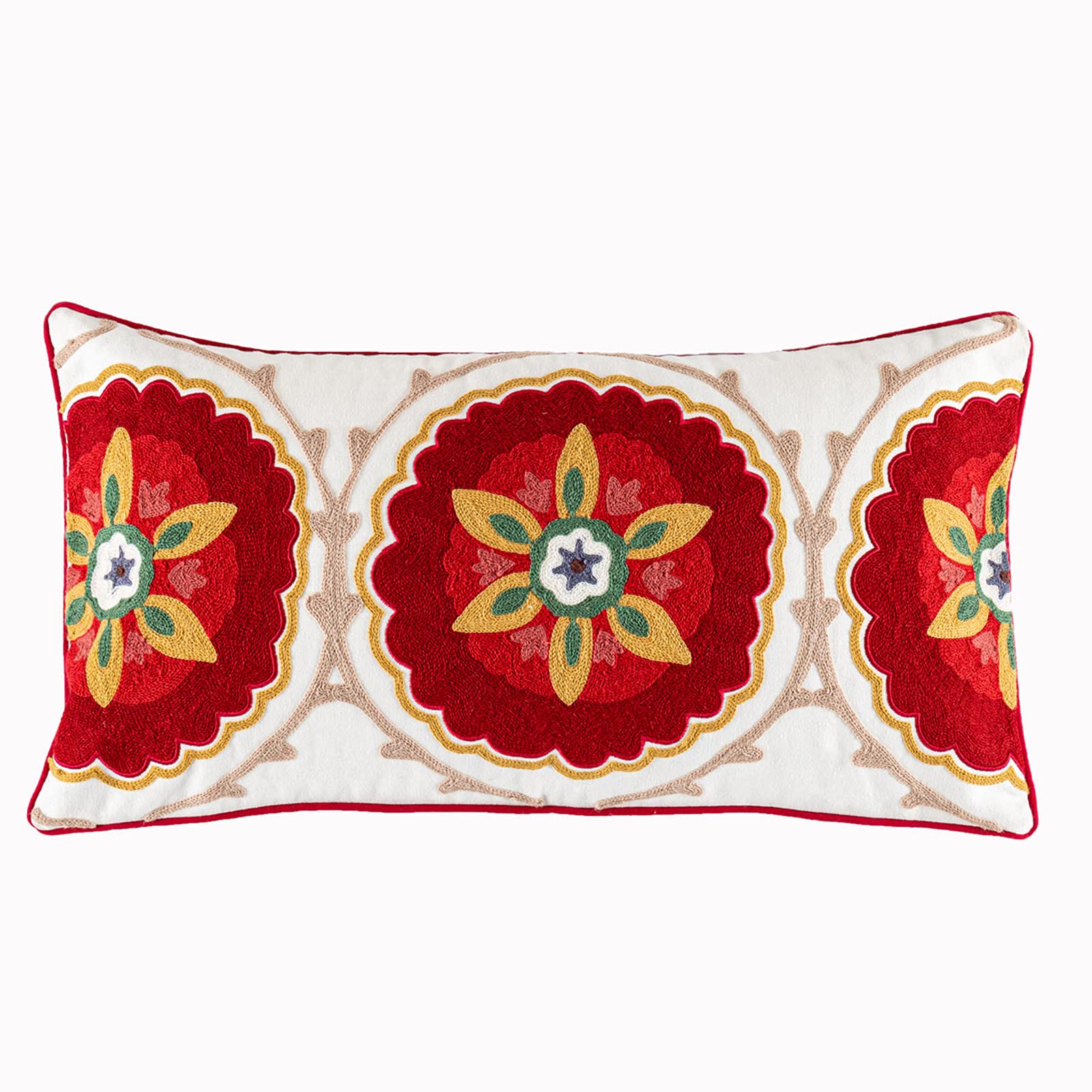 YURICO Cotton Linen Throw Pillow Covers Vintage Farmhouse Boho Embroidered Decorative Personalized Pillowcase with Zipper (Red Pattern,12x24 Inch)