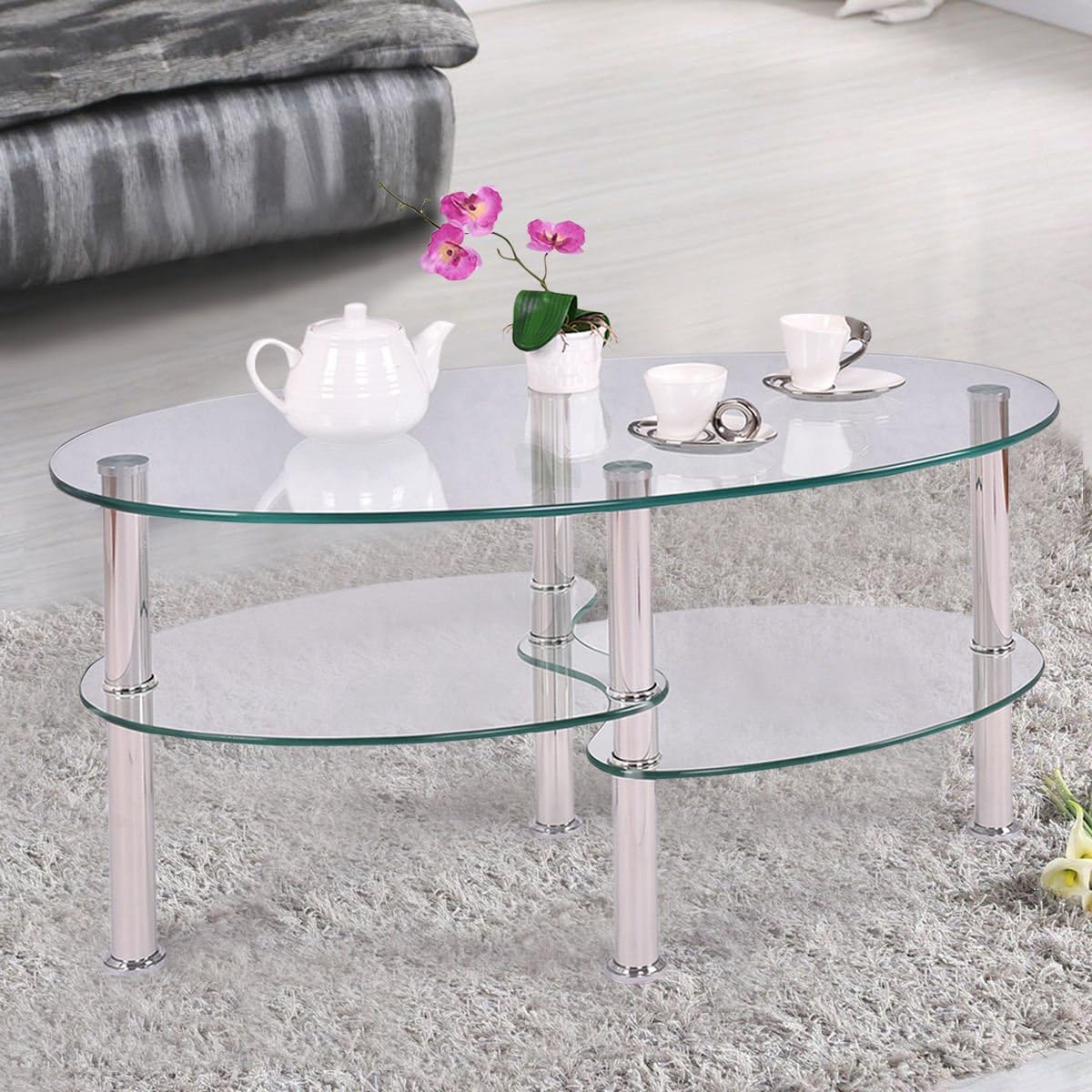 Tempered Glass Oval Side Coffee Table Shelf Chrome Base Living Room Clear New