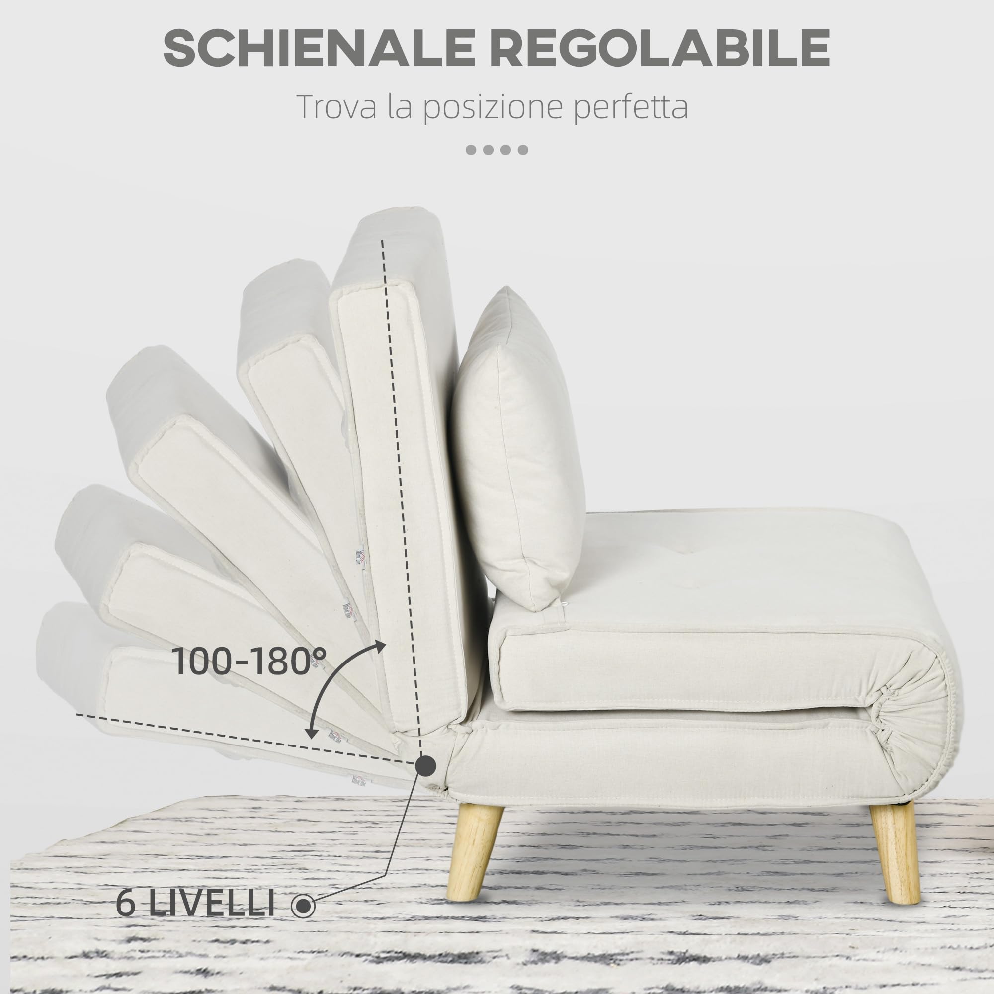 HOMCOM Poltrona Letto Singolo 2 in 1, Schienale Regolabile 6 Livelli, Beige