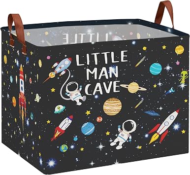 Astronaut Rockets Nursery Laundry Hamper,Space Storage Basket with Inspirational Quotes,Planets Boy Room Decor Shelf Basket ,Rectangular Clothes Book Toy Storage Bin Black