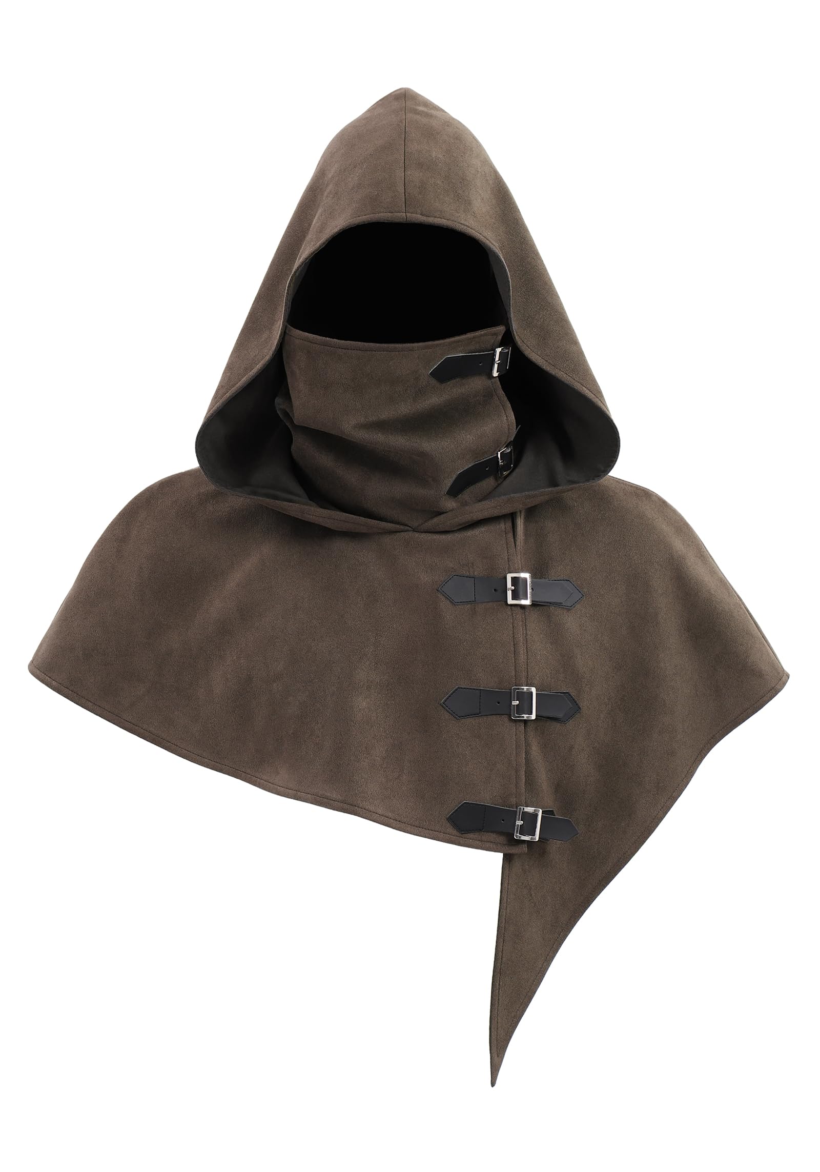 FURPHI Medieval Cowl Hood with Straps Renaissance Hooded Cape for Men Women Halloween Costume Accessories (Brown, Large)