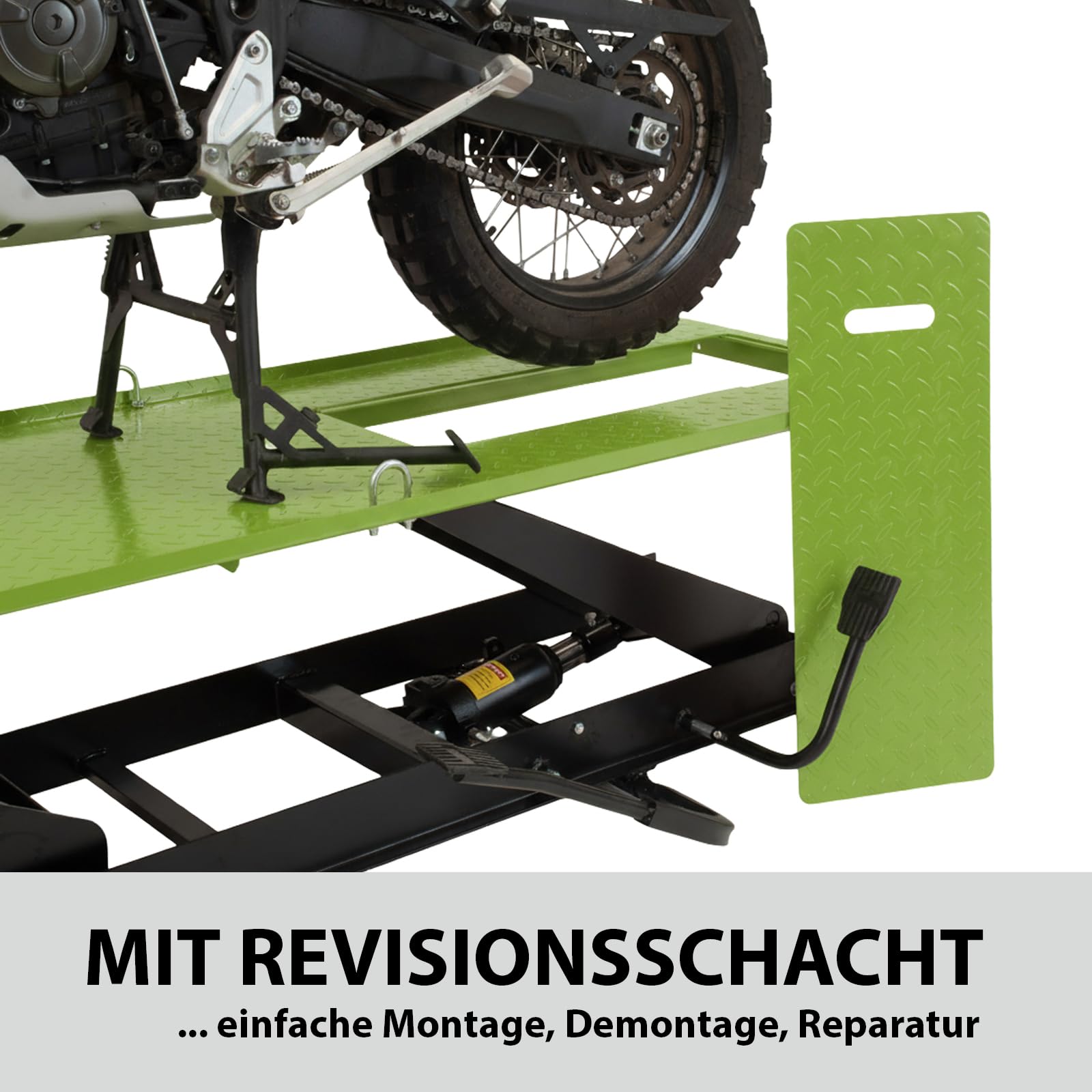 TRUTZHOLM Motorradhebebühne hydraulisch Tragkraft 450 kg Motorradheber Extra-Breit 68 cm Hubbereich 20-84 cm abnehmbare Auffahrrampe 4 Halteösen 45° Vorderradklemmung Parallelheber Hebebühne (Grün)