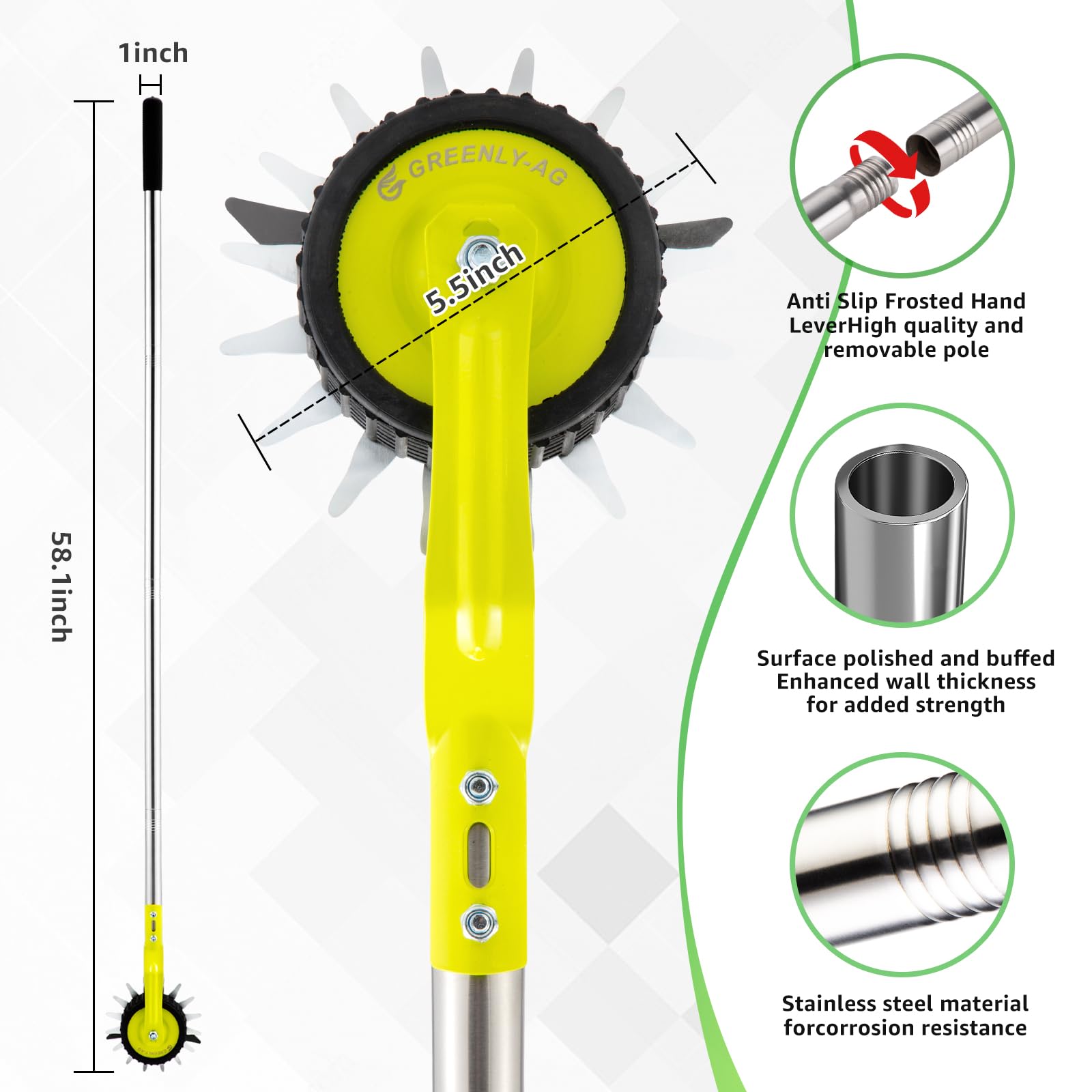 Herramienta manual de 58 pulgadas, bordeadora giratoria con mango ajustable de acero inoxidable de 4 secciones y agarre acolchado, resistente al óxido para acera, entrada, jardín