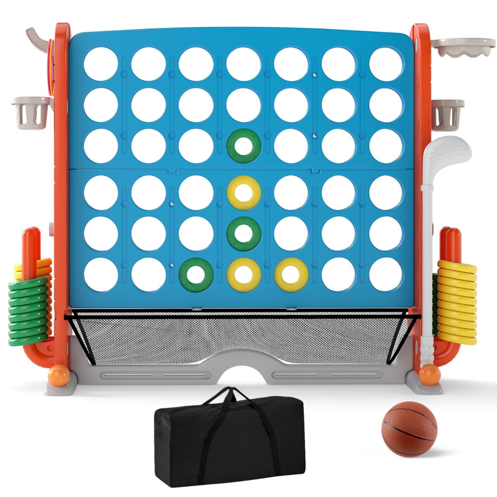 Maxmass Giant Four in a Row, 4 to Score Jumbo Game with 42 Chess Rings, 3 Toss Rings, Basketball Hoop, Mini Golf, Carrying Bag, Outdoor Indoor Connect 4 Game for Kids Adults (Blue + Orange)