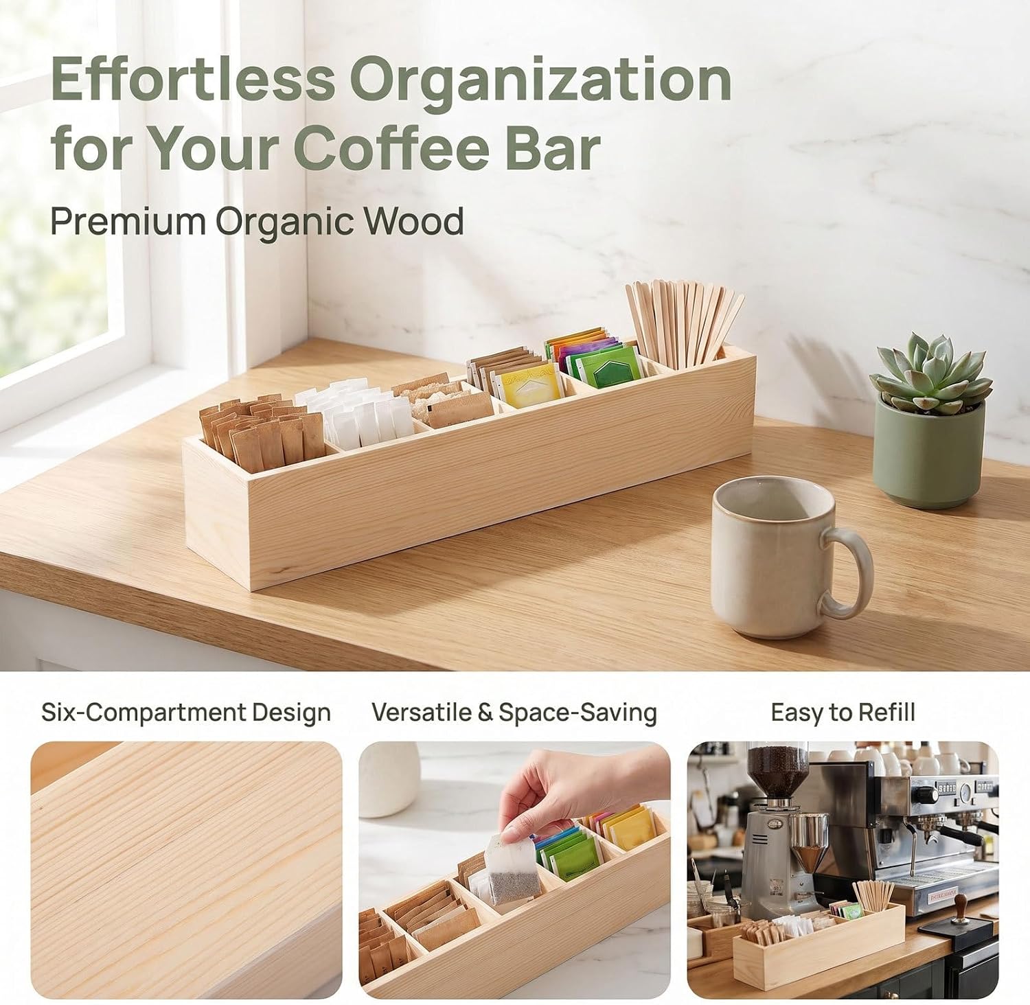 Wood Coffee Sugar Packet Holder with 6 Compartments, Sturdy Multi-use Wood Tea Caddy for Home Kitchen and Entertaining Guests, Divided Storage Organizer