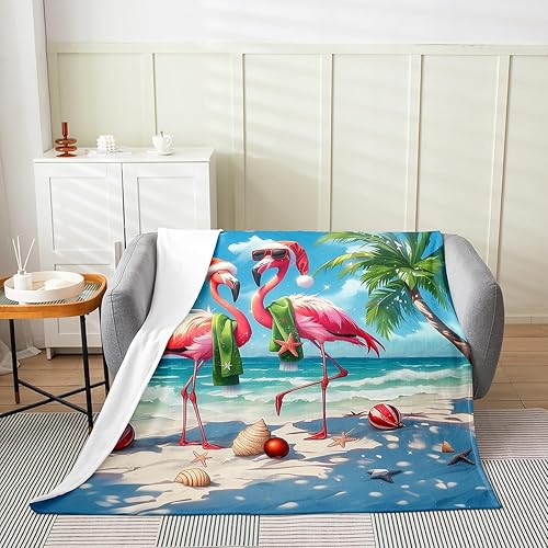 Miniatura 3 de Flamingo Couple Flannel Blankets,Christmas Themed Fleece Blanket,Kids Girls Boys Adult Tropical Sea Beach Fuzzy Blankets Coconut Tree Sherpa Blanket