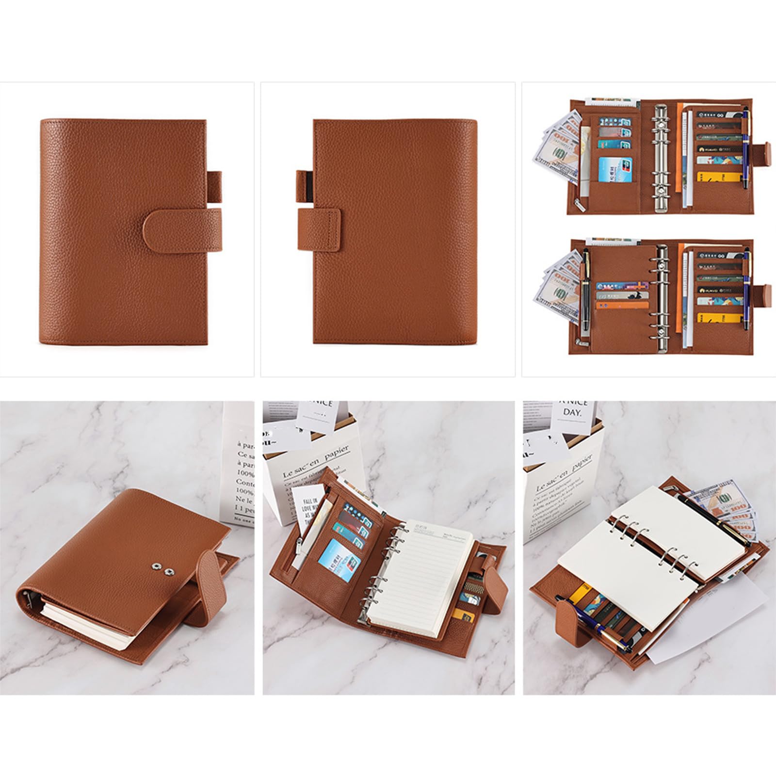Taccuino ricaricabile in pelle PU con scomparto per penne, porta carte di credito, tasca per ricevute, borsa per contanti con cerniera, per donne e uomini