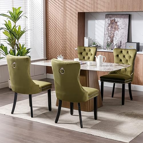 Miniatura 2 de Juego de 4 sillas de comedor modernas, sillas de comedor tapizadas con patas de madera maciza, silla decorativa de terciopelo verde oliva, Sillas de