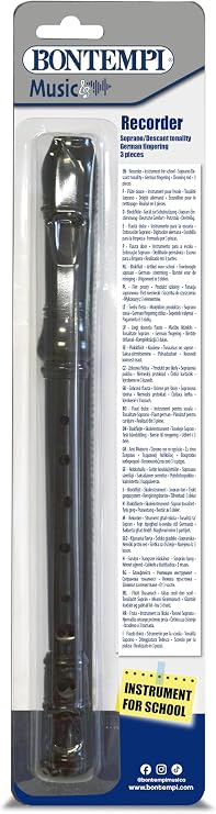 BONTEMPI - Soprano Recorder with German Fingering, Double Hole, 28 Note Range C-D, Shockproof Material, 3 Pieces, Includes Wiper 330 mm