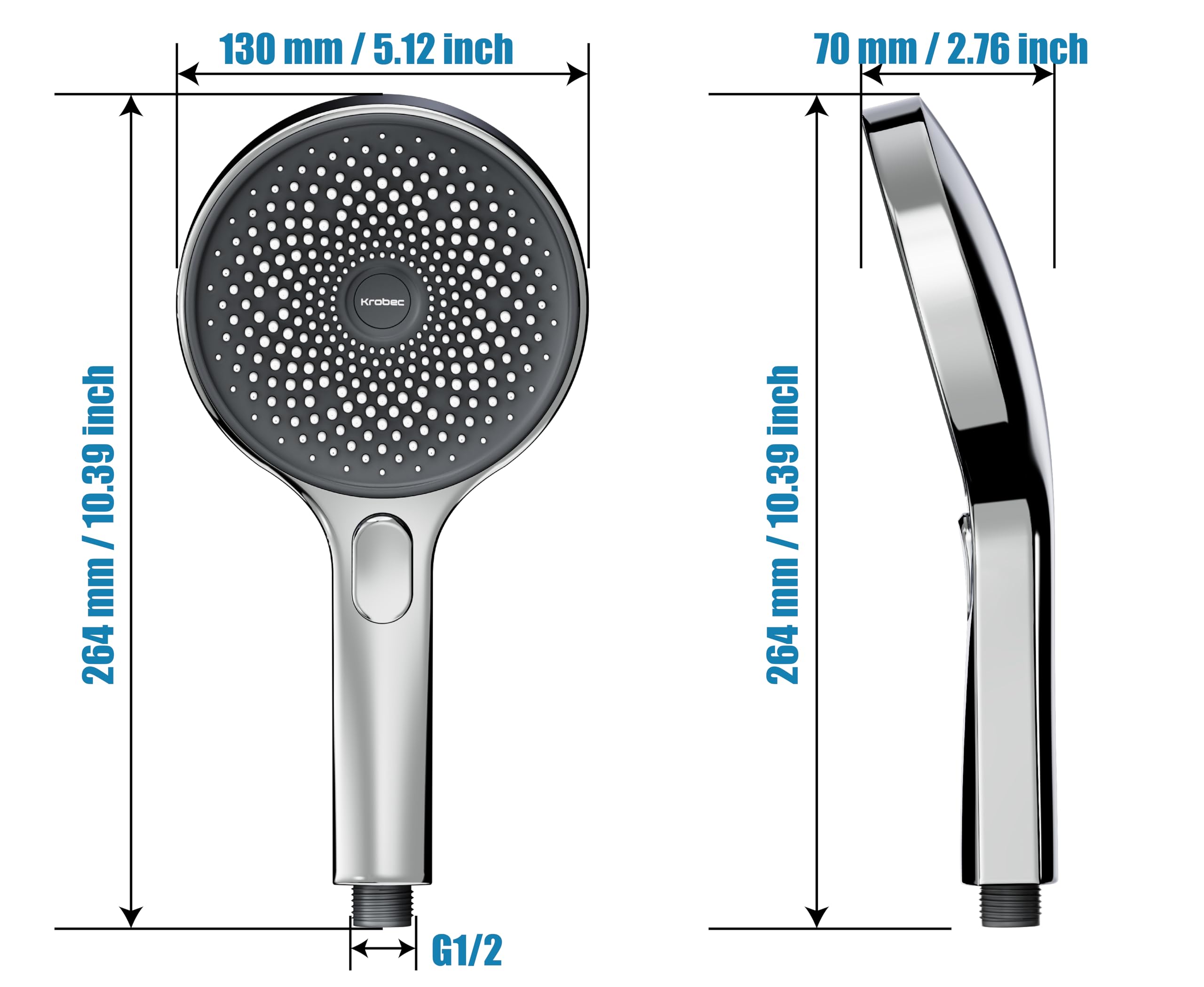 Krobec pommeau de douche anti calcaire, pommeau de douche economie deau,Pomme de douche haute pression 130 mm,Tête de douche à main avec 3 modes de jet douche(Chrome).