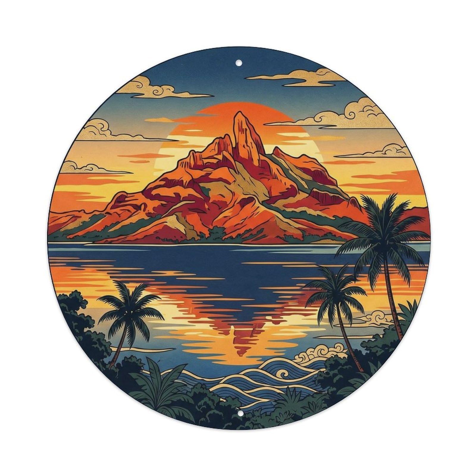 Olyhtr 8X8inch Classic Style Woodblock Borabora Otemanu Lagoon Dusk Island Metal Tin Sign